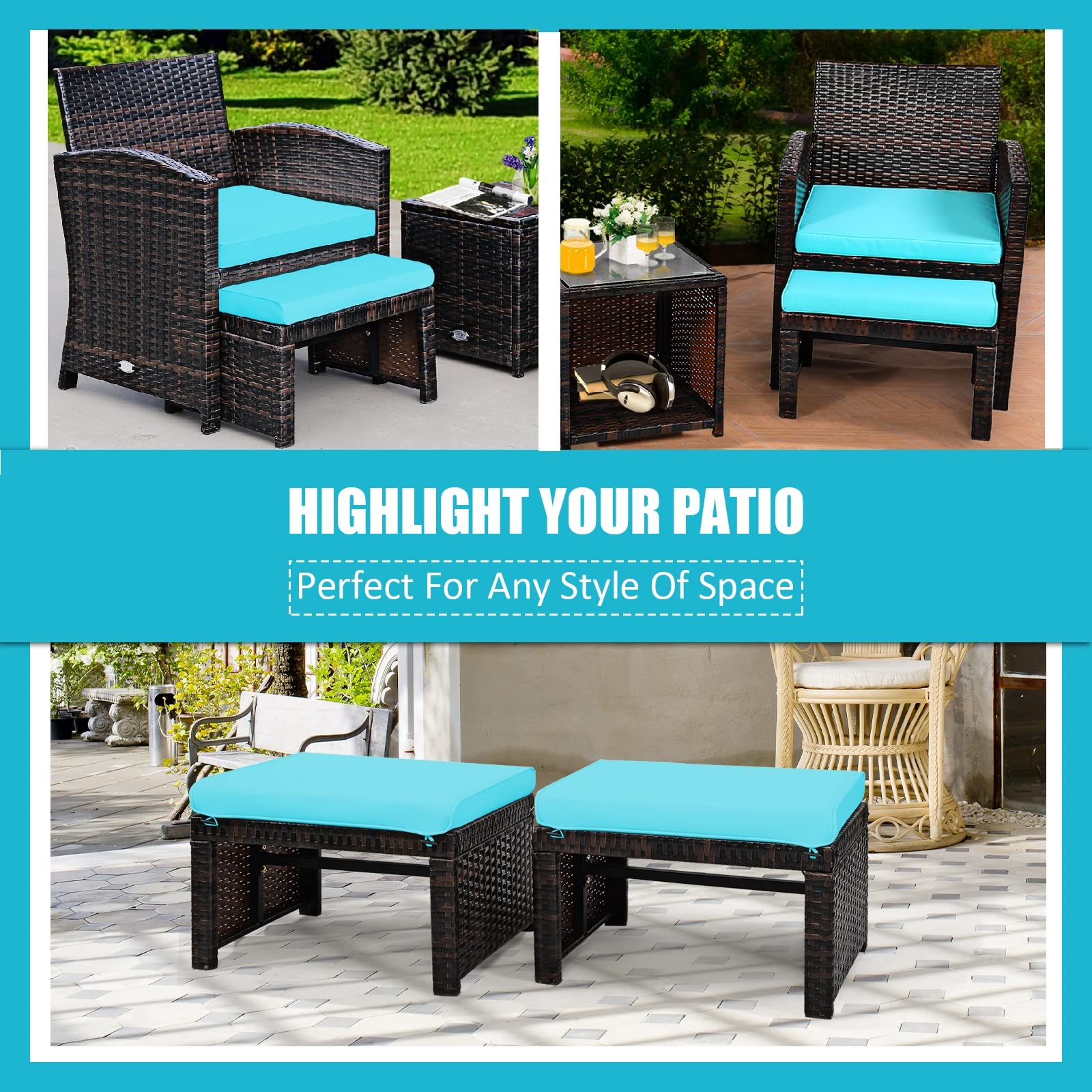 GIANTEX 2 Taburetes Reposapiés de Ratán de Jardín, Cojín Impermeable Extraíble, Taburetes, Mesas, Multiusos, 49 x 40 x 28 cm, Azul