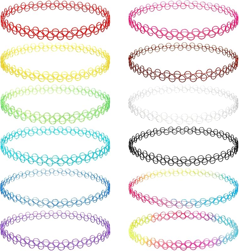 12PC Multicolour Tattoo Choker Necklace, Black Stretchy Elastic Vintage Trendy Y2K Fashion Jewelry, 90s Adjustable Retro Gothic Grunge Aesthetic Necklace, Summer Vacation Color Set