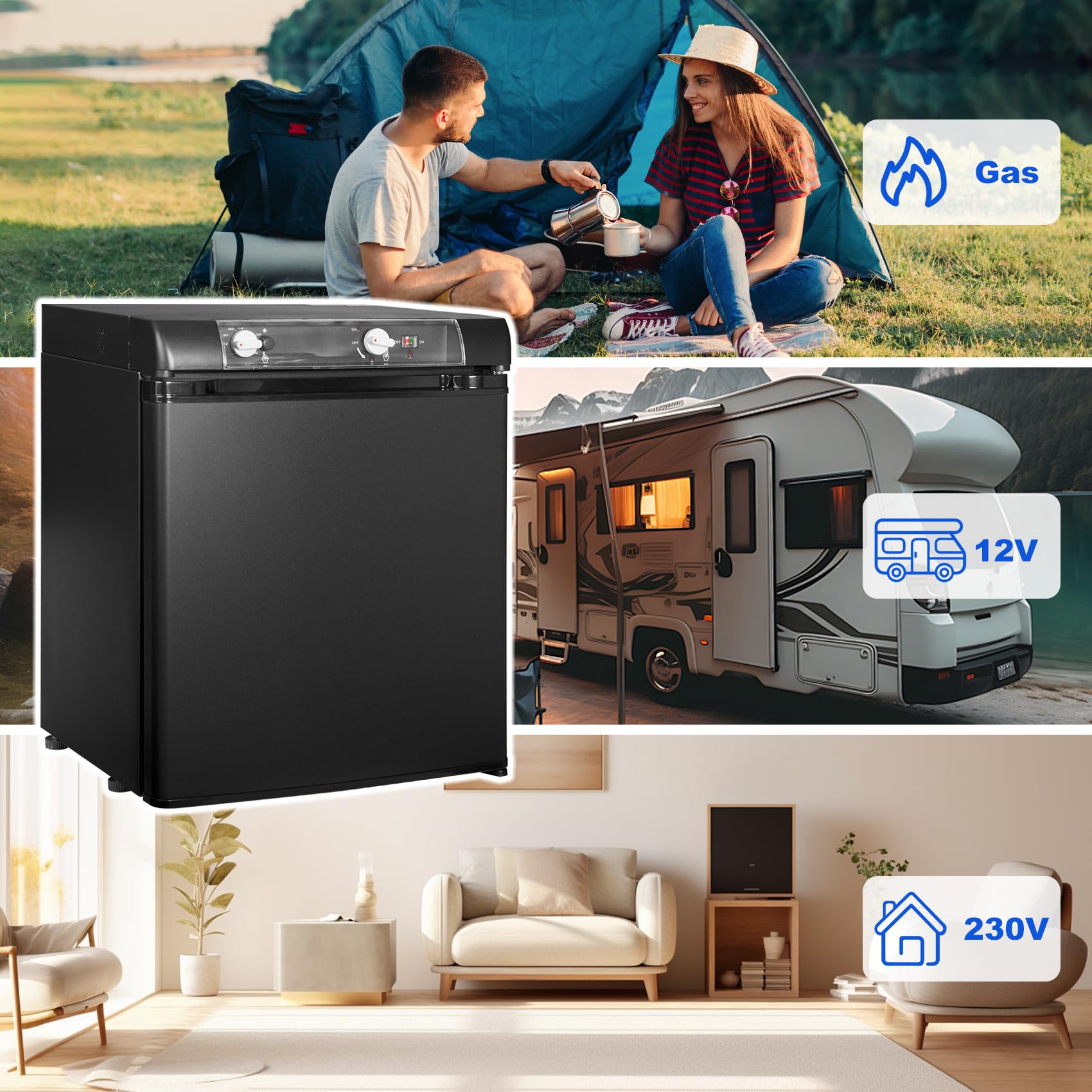 Camping Kühlschrank Gas 12V 230V, Gas Kühlschrank 40L, Kühlschrank 12V 230V Gas, für Camping, Wohnmobil, LKW, Auto, Schwarz