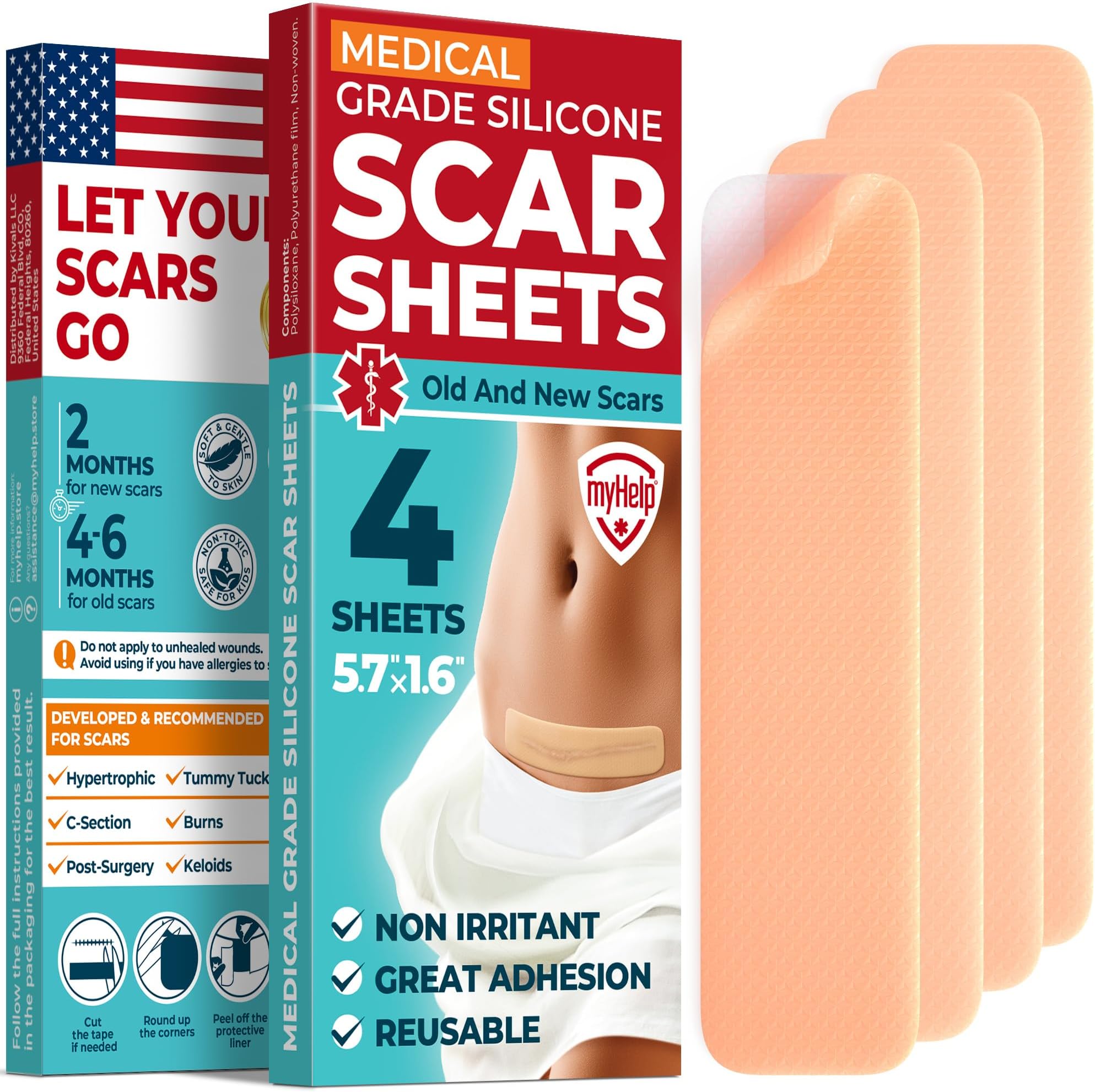 Medical Grade Silicone Scar Sheets - 4pk (5.7”x1.6”) - Visible Difference on Surgical & Keloid Scars - Reusable C-Section Scar Silicone Strips - Easy to Use Silicone Sheets for Scars