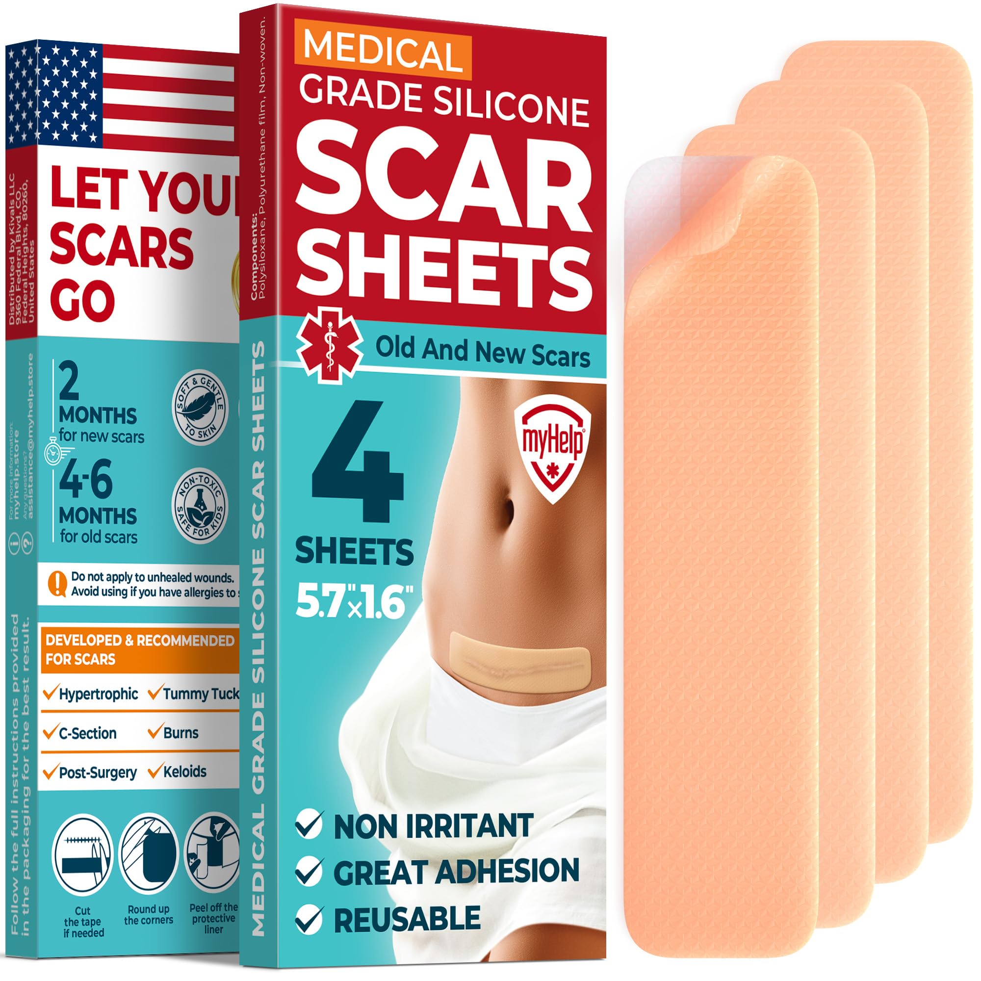 Medical Grade Silicone Scar Sheets - 4pk (5.7”x1.6”) - Visible Difference on Surgical & Keloid Scars - Reusable C-Section Scar Silicone Strips - Easy to Use Silicone Sheets for Scars