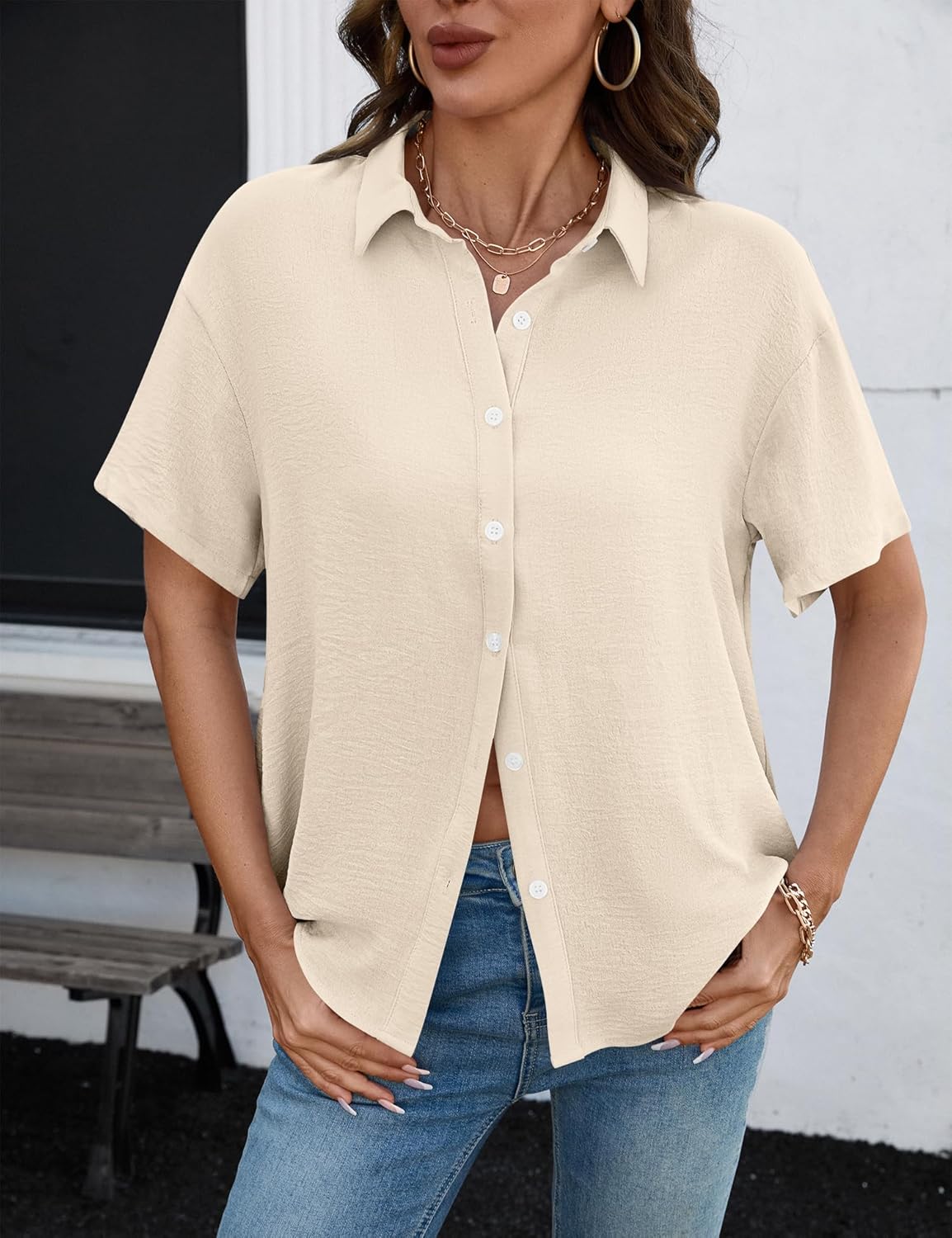 Rapbin Womens Short Sleeve Button Down Shirts Casual V Neck Collared Blouses Work Tops - Image 4
