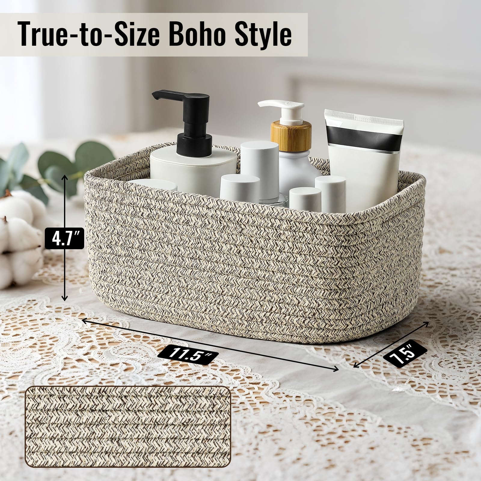 Condition photo showing New/Like New for 8 pack small storage baskets for organizing, woven rope bins for bathroom, closet, shelf organizer, cute cube decorative box for towels, baby nursery, toys, gift empty baskets - 11.5"x7.5"x4.7"-brown