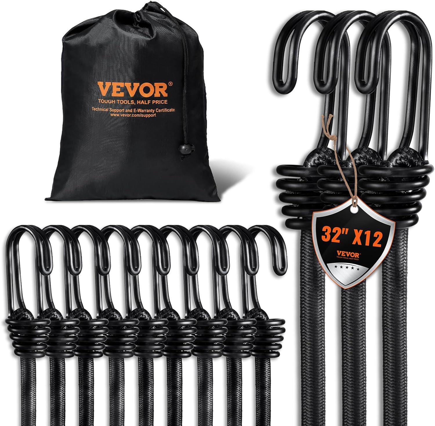 VEVOR Bungee Cords with Hooks, 12Pcs 32 Inch Bungies Set, Bungee Cords Double-J Hooks with Organizer Bag, Multipurpose Elastic Straps for Fastening Tarps, Camping, Tarps, Motorcycle, Truck