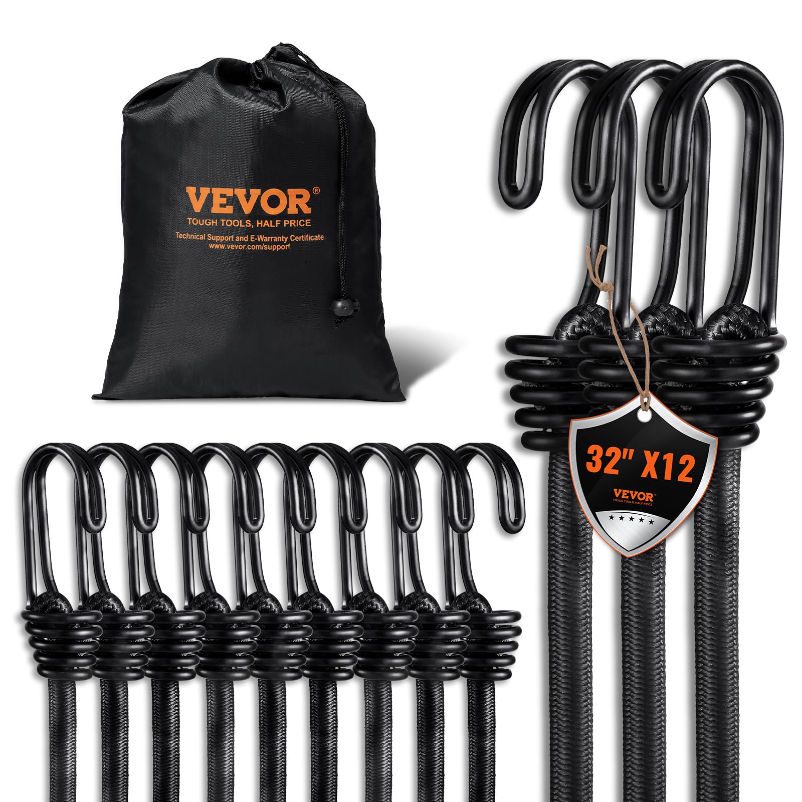 VEVOR Tendeur Élastique, Lot de 12, Cordes Élastiques Robustes, Diamètre 8 mm, Longueur 0,8 m, avec Crochets J en Acier, Corde d