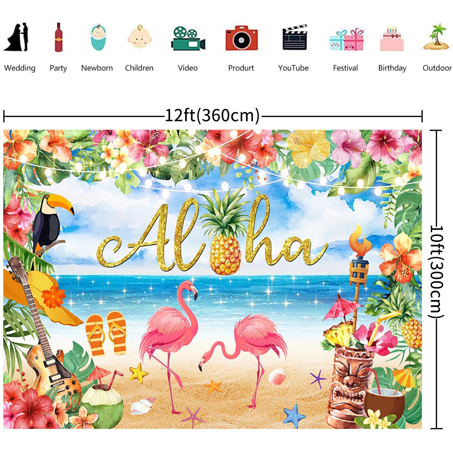 3.6x3m Telón de Fondo Playa Verano Tropical Hojas de Palma Flores Flamingo Fotografía Fondo Boda Baby Shower Cumpleaños Hawaiano Aloha Luau Fiesta Decoraciones Banner Photo Booth Props