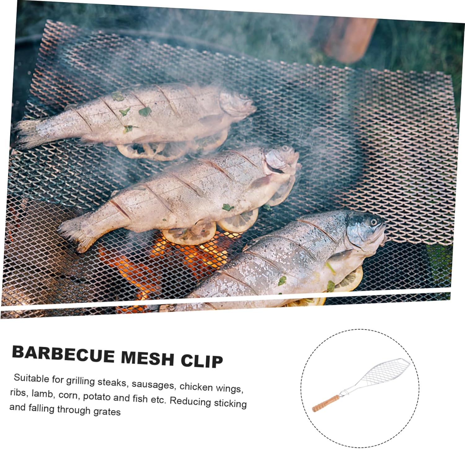 2 Pcs Iron Barbecue Grill Rack with Durable Wooden Handle Non Stick Mesh Clip for Grilling Fish Meat Vegetables Outdoor Bbq Tool for Camping Picnic Hiking