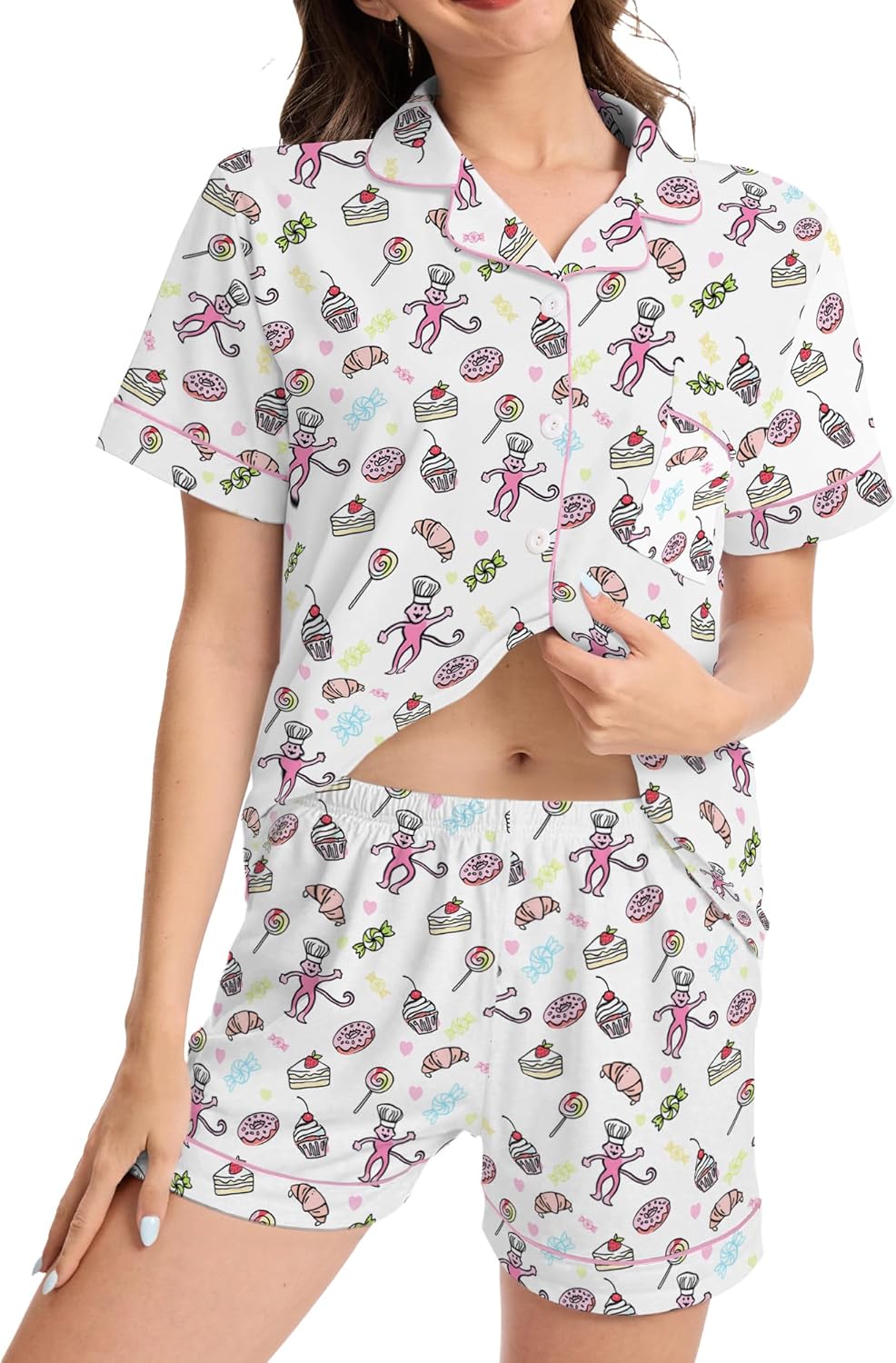 Ammiko Womens Pajamas Set Y2k Loungewear Pajama Button Down Top and Shorts Monkey Beach Short Sleeve Sleepwear Preppy - Image 3