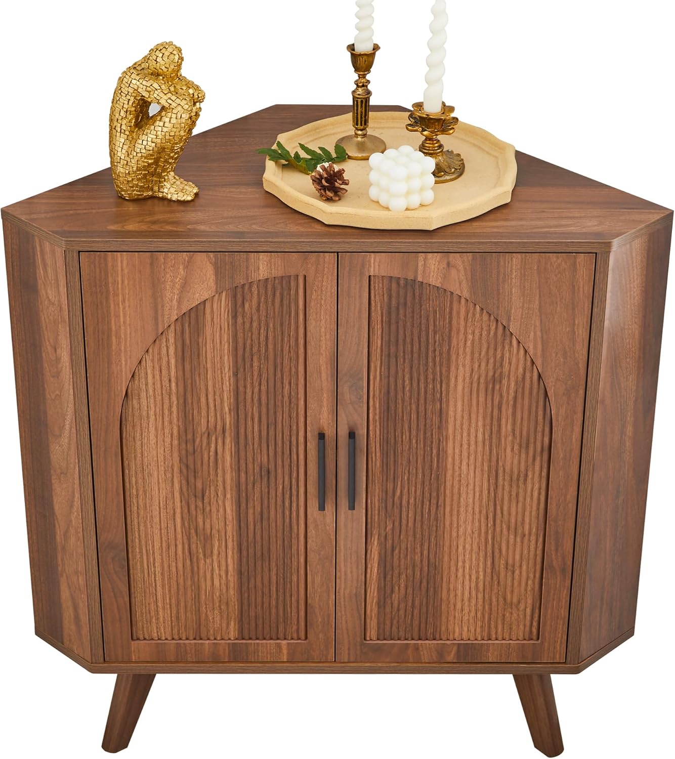 BERRYMERRY Fluted Corner Cabinet with Storage,Space Saving Corner Floor Cabinet with Adjustable Shelve & Arched Profile Door for Living Room Kitchen Bathroom (Brown, 15.7”D x 31.5”W x 30.7”H)