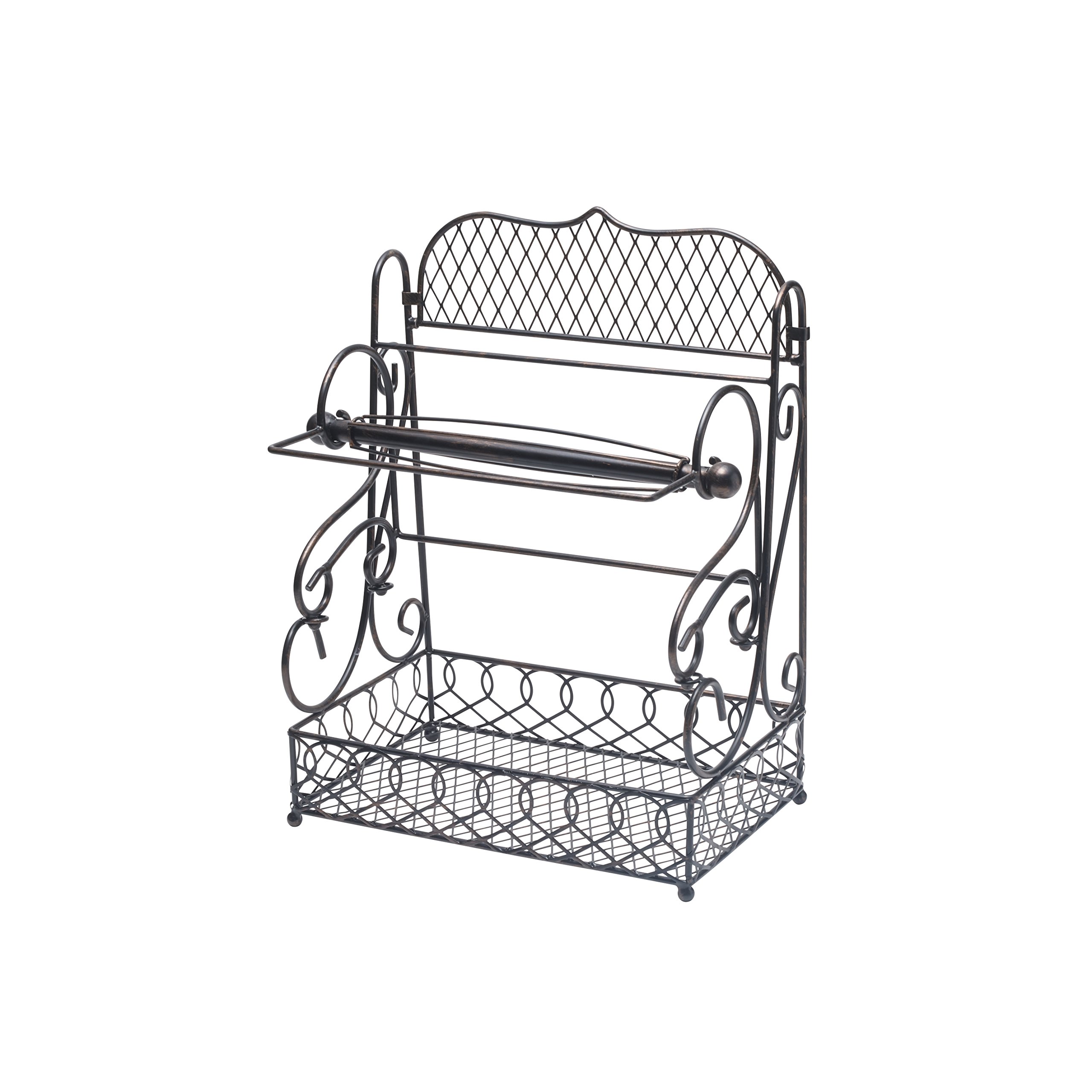 Gourmet Basics Paper Towel Holder with Spice Rack Storage Basket, Antique Black