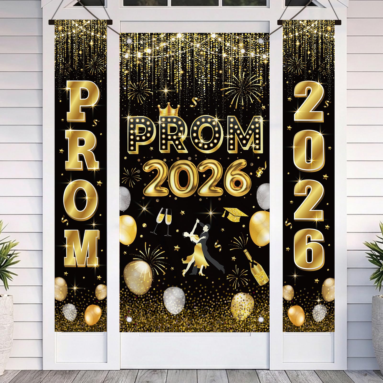 JoyAura Prom Decorations 2026, Prom Door Couplets and Door Cover Banner, Black Gold Class of 2026 Graduation Night Party Decor Photography Backdrop