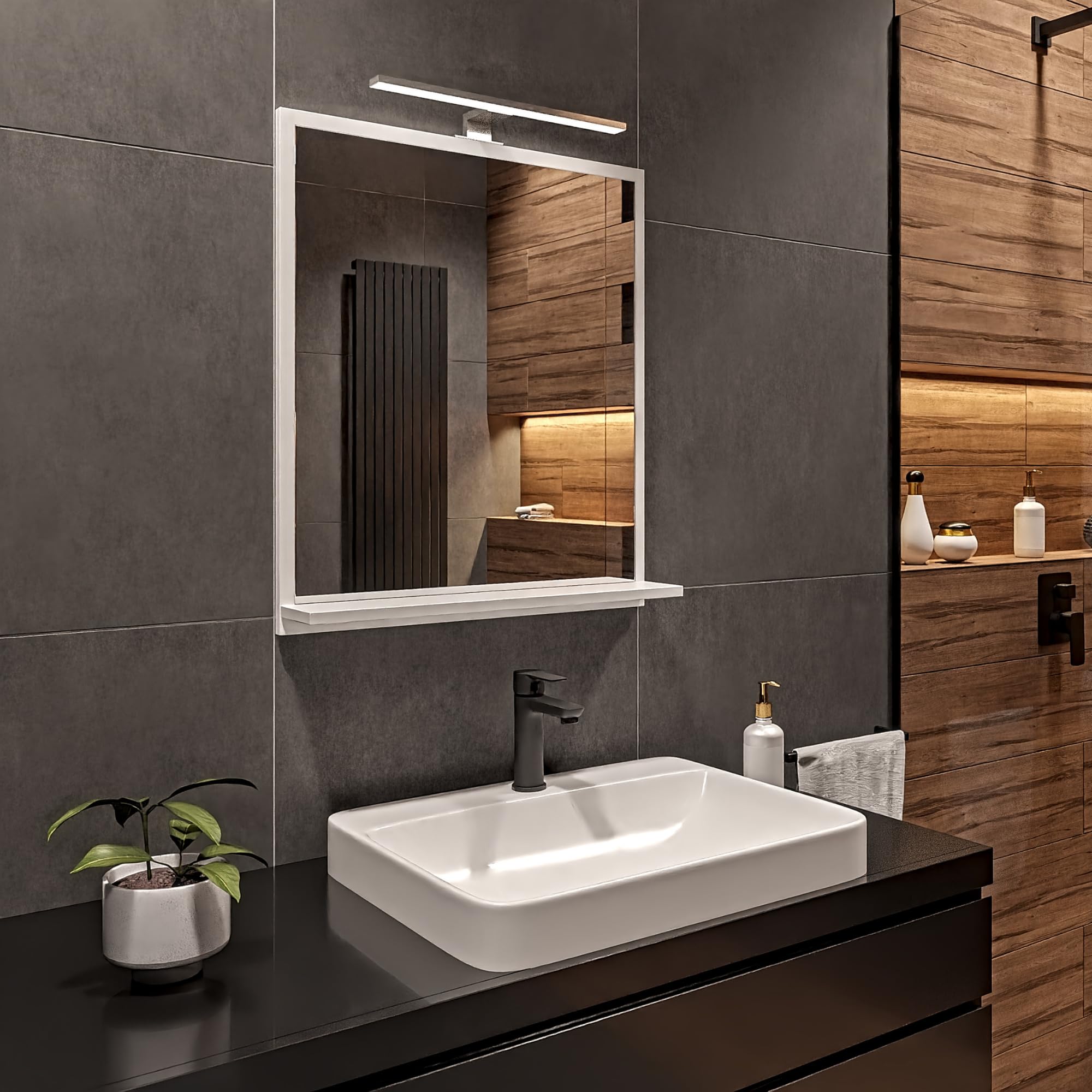 Bianco Specchio Bagno con Luce da Parete A: 70 cm x L: 60cm con Mensola - Specchio da Bagno Retroilluminato con Ripiani, IP44 la Toilette Riflesso LED 4000 K Colore della custodia LED: Cromo