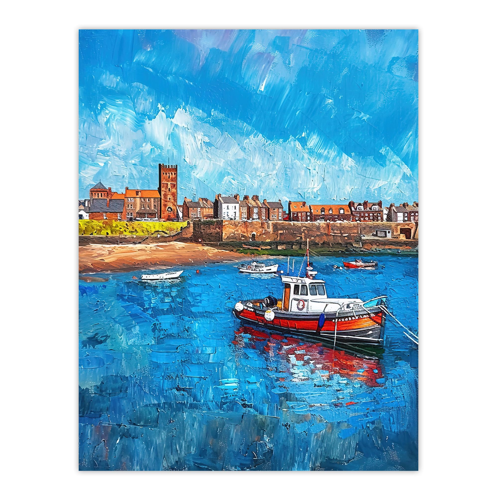 Artery8 North England Coastal Town Fishing Boats Painting Living Room Extra Large XL Wall Art Poster Print
