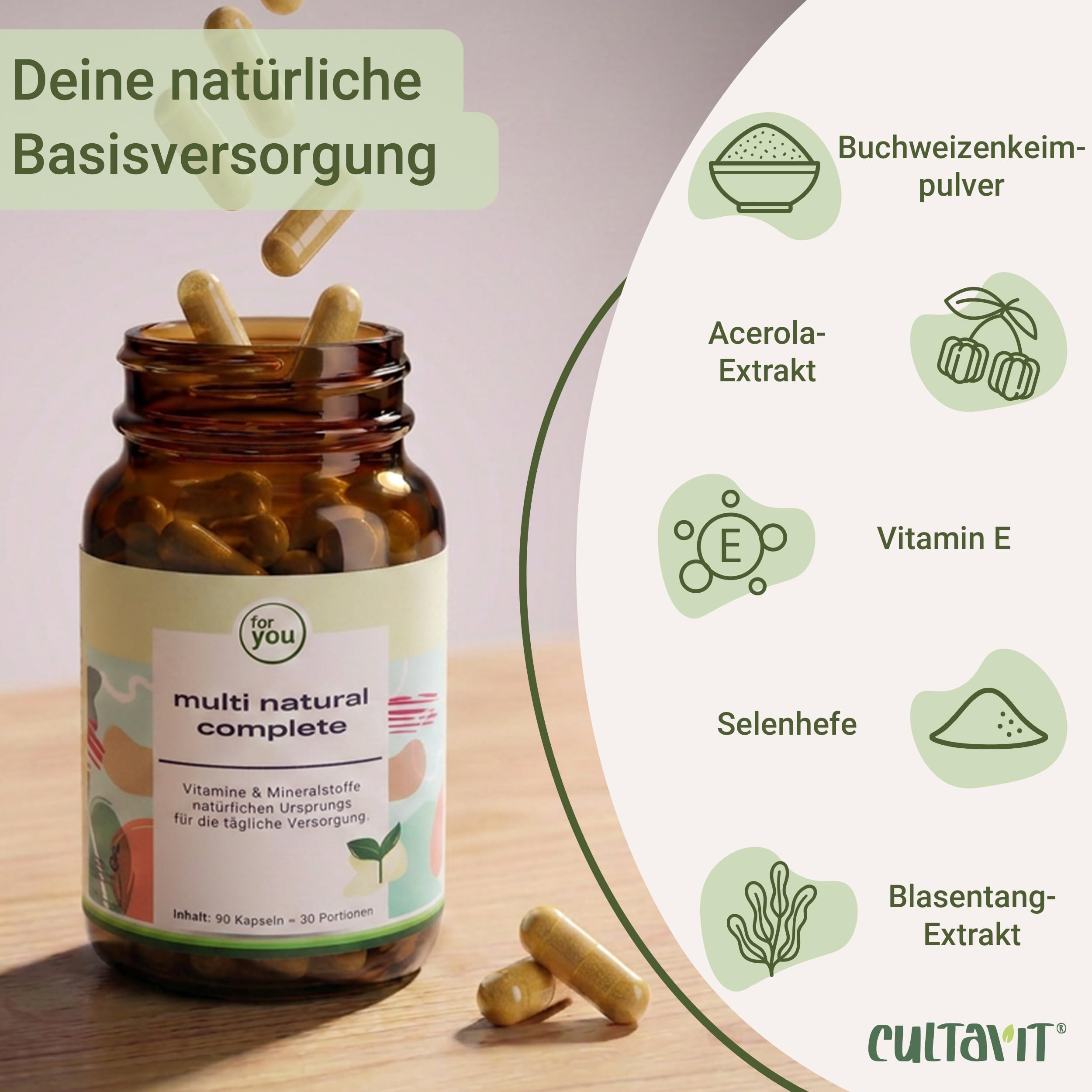 for you multi natural complete aus natürlichen Pflanzenextrakten 2x90 Kapseln - 100% natürliches hochdosiertes Premium Multivitamin-Multimineral Präparat