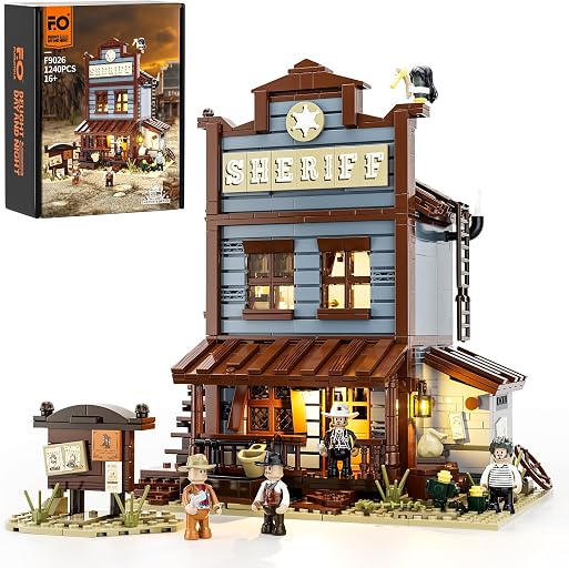FUNWHOLE Sheriff's-Office Lighting Building-Bricks Set - The Old West Sheriff's Office LED Light Construction Building Model Set 1240 Pcs for Adults and Teen