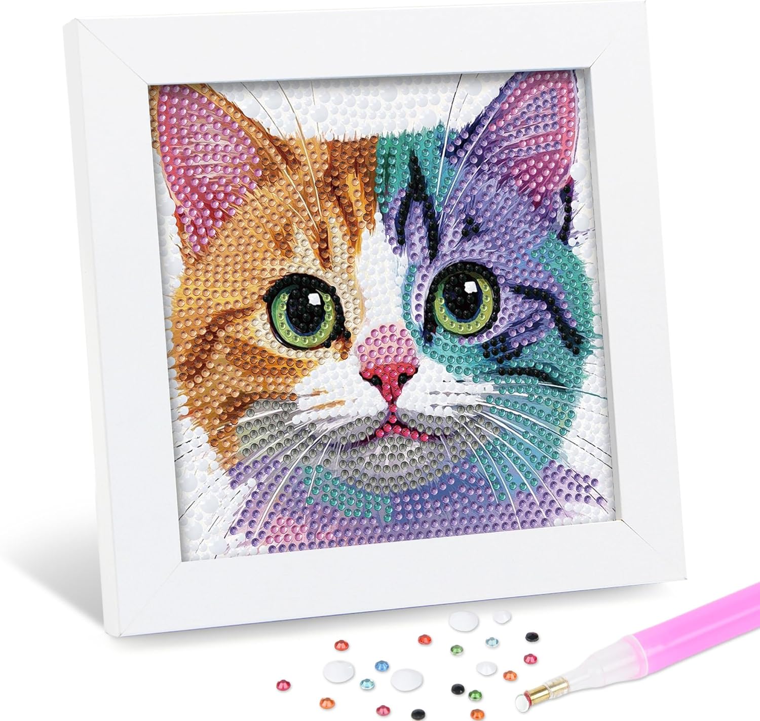 Leixonl Diamond Art Kits for Kids with Framed (7 in) Cartoon Animals DIY Gem Art Painting - Arts & Crafts Gifts for Beginners & Teens (Kitten)