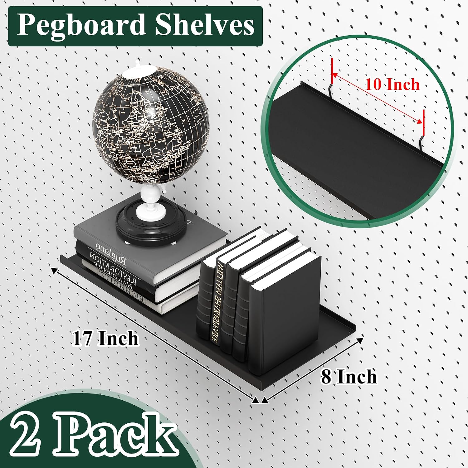 17X8 Inch Large Pegboard Shelves Set of 2, Metal Peg Board Shelves Accessories, Flat Display Shelves for Pegboard, Metal Retail Display for Storage and Organization, Black