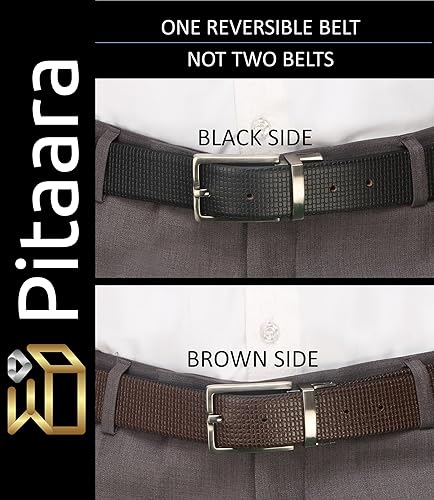 Miniatura 3 de Pitaara Cinturón reversible de cuero genuino para hombres, patrón de impresión de caja (negromarrón)