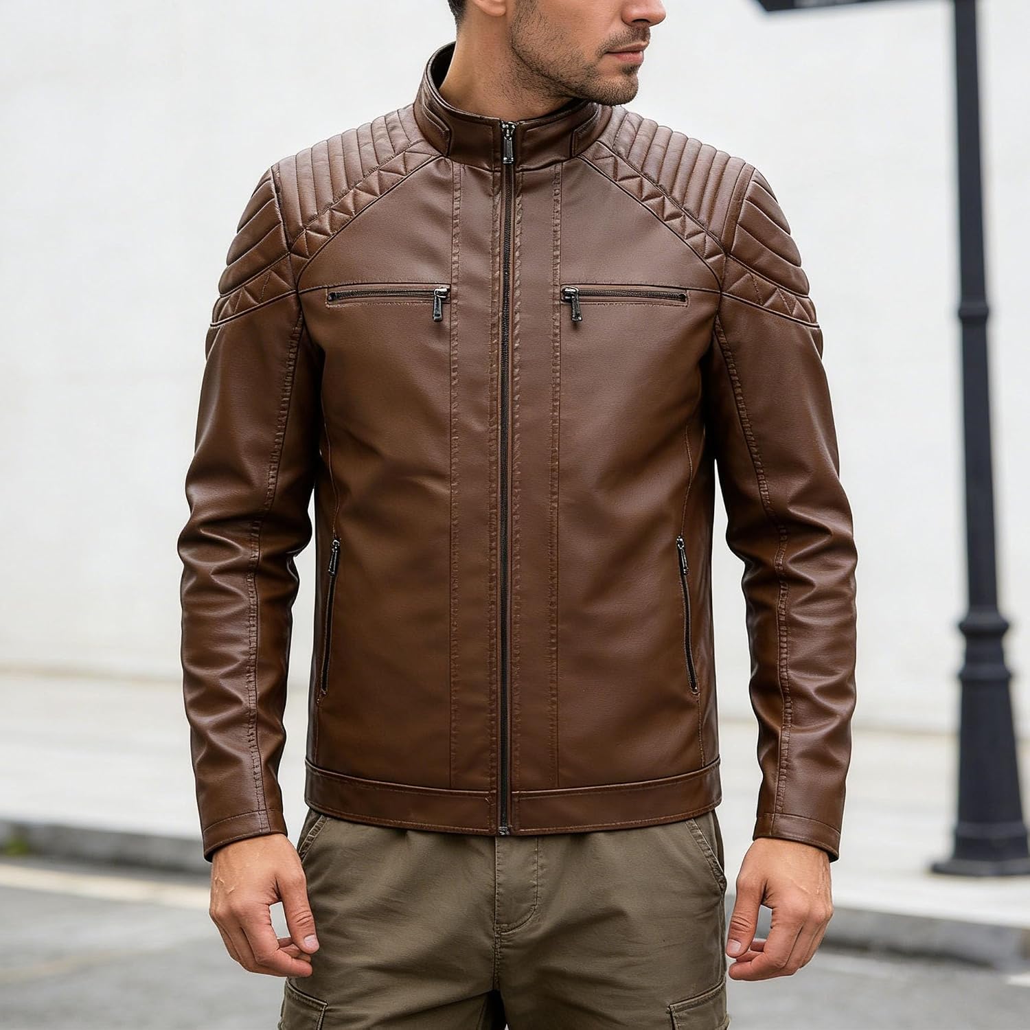 Maiyifu-GJ Men's Stand Collar Faux Leather Jacket Biker Motorcycle Jacket Casual Slim Zip-Up Coat Outerwear