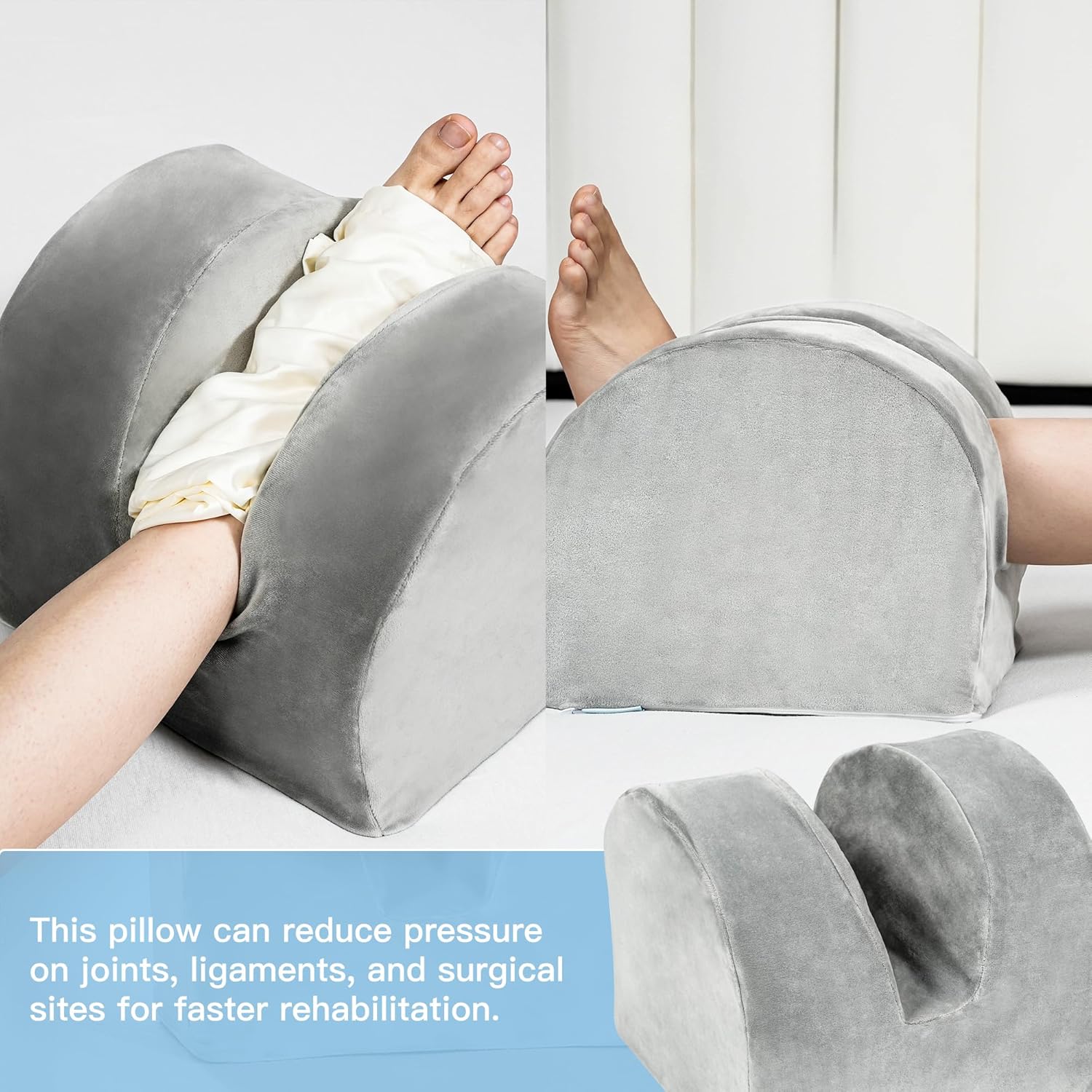 Knee Replacement Pillow for Recovery - Leg Elevation Pillow with Firm Foam for Post-Surgery Sleeping, Hip & Ankle Pain Relief & Swelling Reduction, Includes Washable Velvet Cover (Grey)