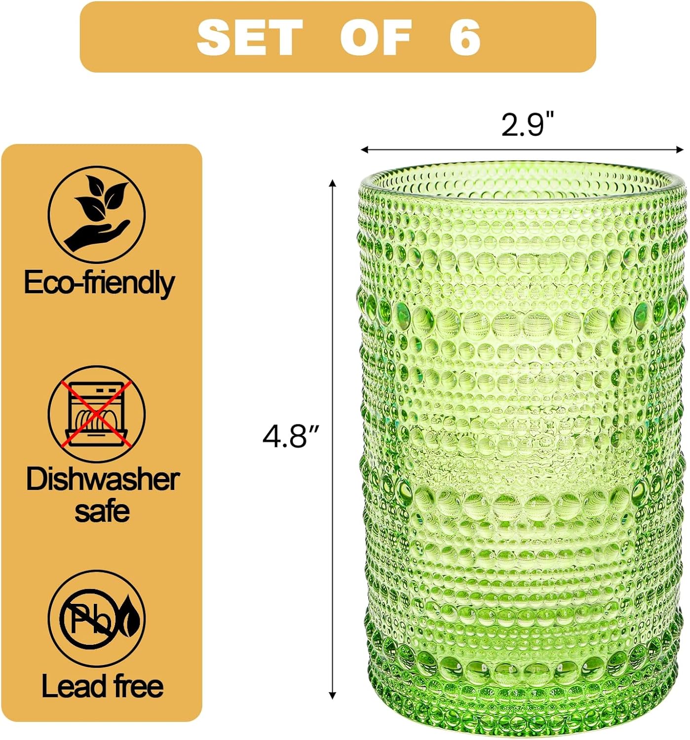 ZOOFOX Set of 6 Vintage Drinking Glasses, 12 Oz Colored Hobnail Glasses Tumbler, Embossed Design Glass Tumblers Set for Water, Beverages, Juice, Beer, Cocktail, Whiskey, Milk - Image 2