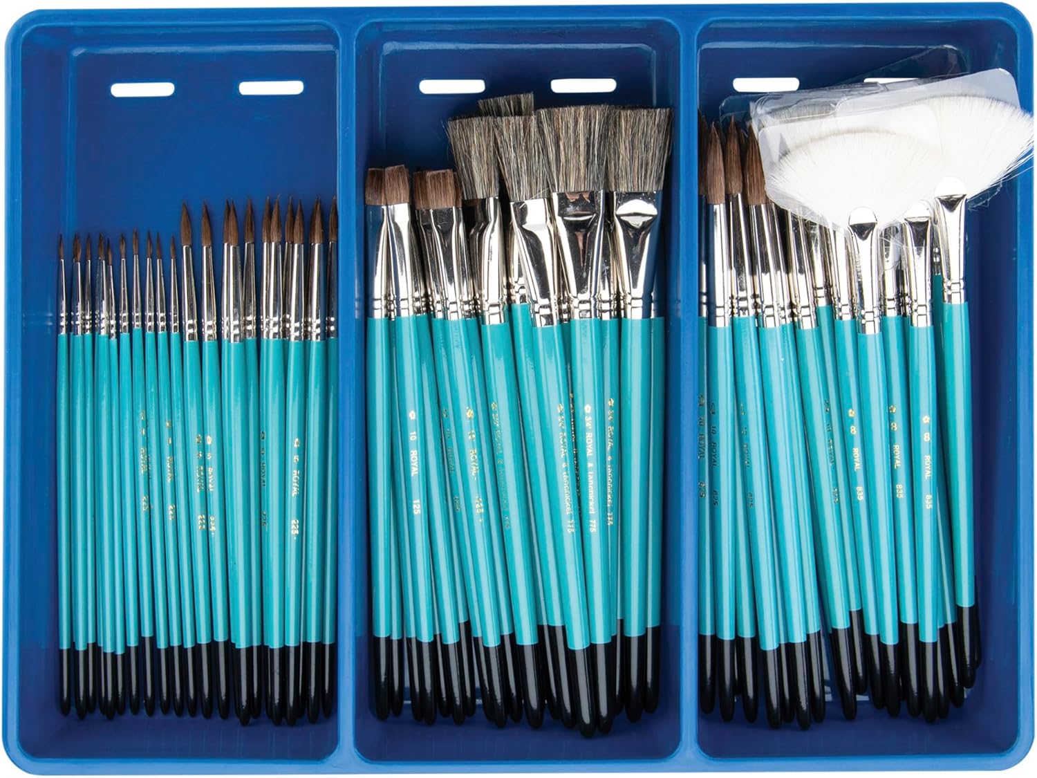 Royal Brush Economy Sable Ceramic Handle Paint Brush Classroom Pack, Assorted Size, Blue, Set of 72