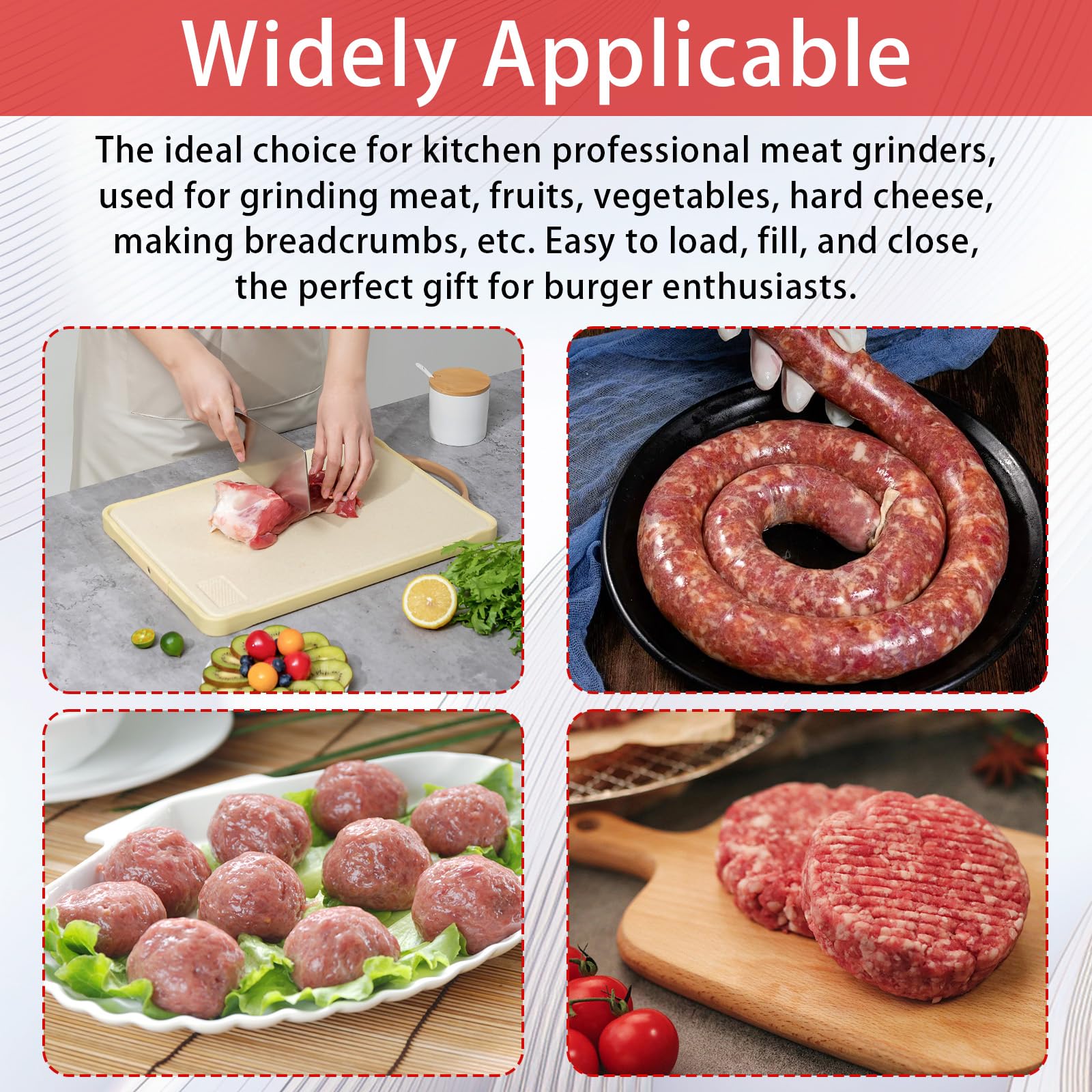 Fleischwolf Aufsatz, Kitchen Aid Zubehör aus Edelstahl mit 4 Mahlscheiben 3 Wurstfüllrohre 3 Klingen 1 Stößel und 1 Hamburger-Maschine zum Fleisch Wolfen Verarbeiten Obst Gemüse und Hartkäse