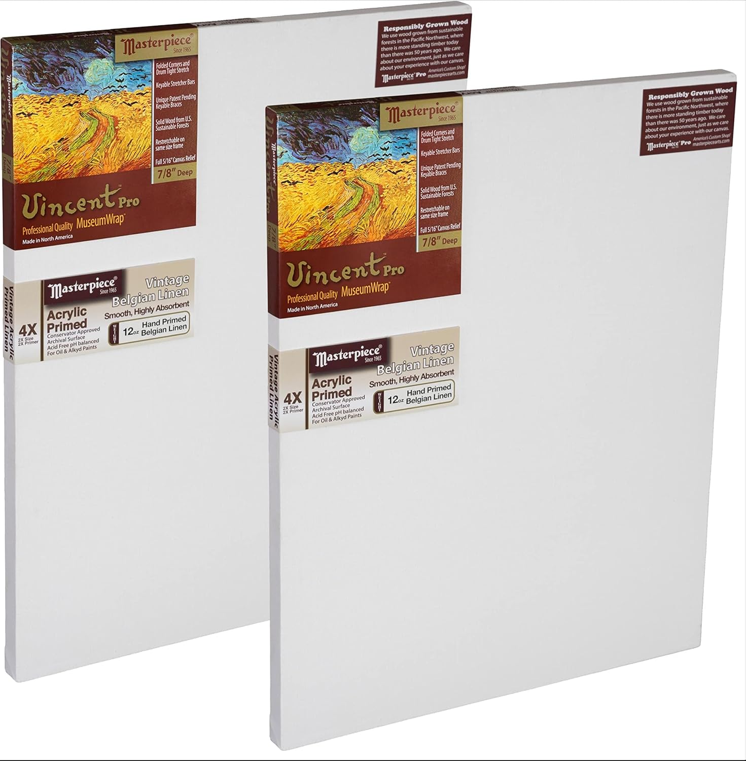 MASTERPIECE Z8VU-1854 Vincent Pro 7/8" Deep Vintage L22U Belgian Linen 12.0 oz Acrylic Primed Linen Stretched Canvas 18" x 54" White 8 Pack