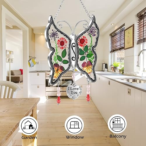 Miniatura 7 de KY&BOSAM - Adorno consistente en cristales atrapaluz con forma de mamá mariposa, carillón de viento con forma de mariposa con alas con flores