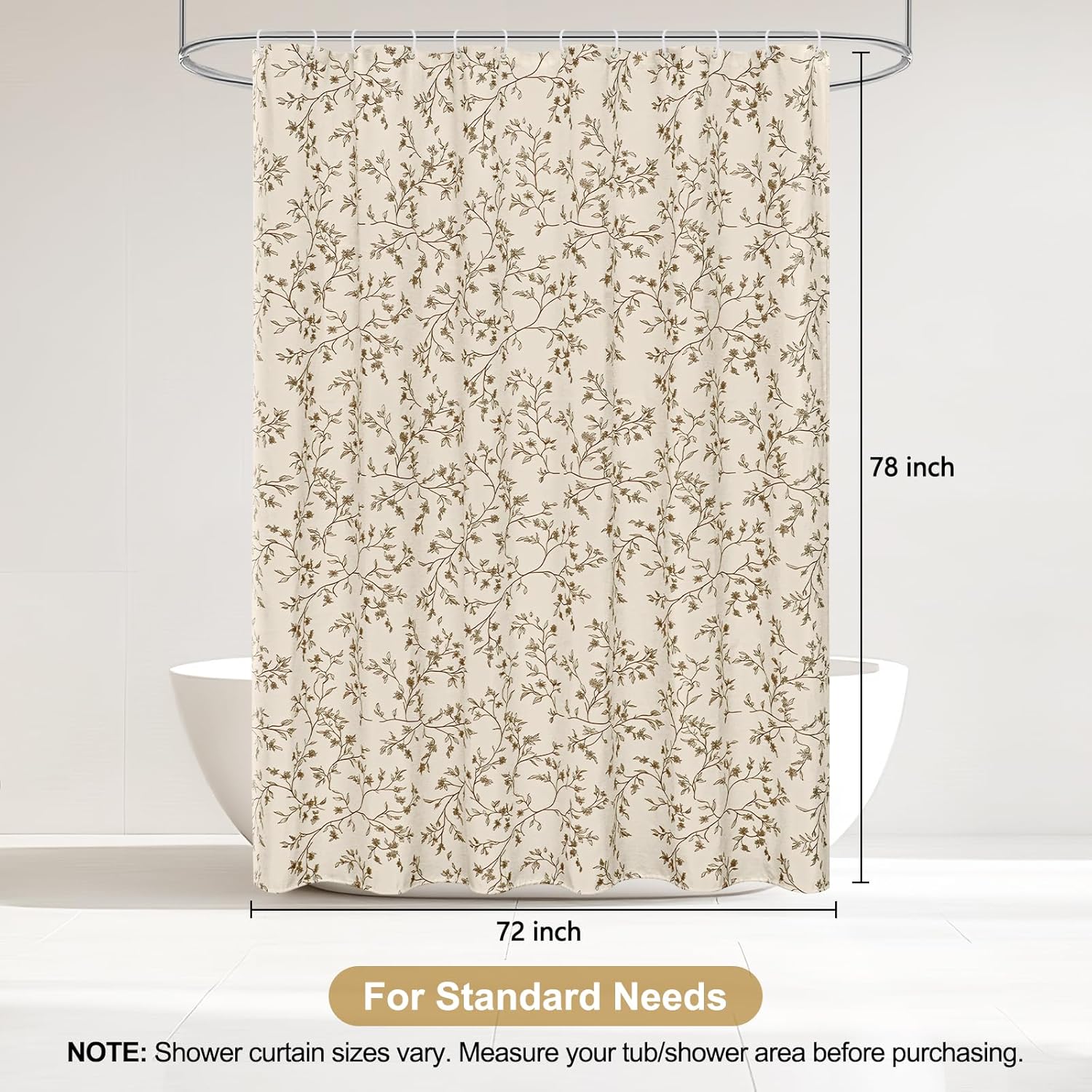 Brown Floral Shower Curtain Linen, Twiggy Leaves Flower Shower Curtain for Bathroom 72x78, Luxury Farmhouse Chic Bathroom Décor