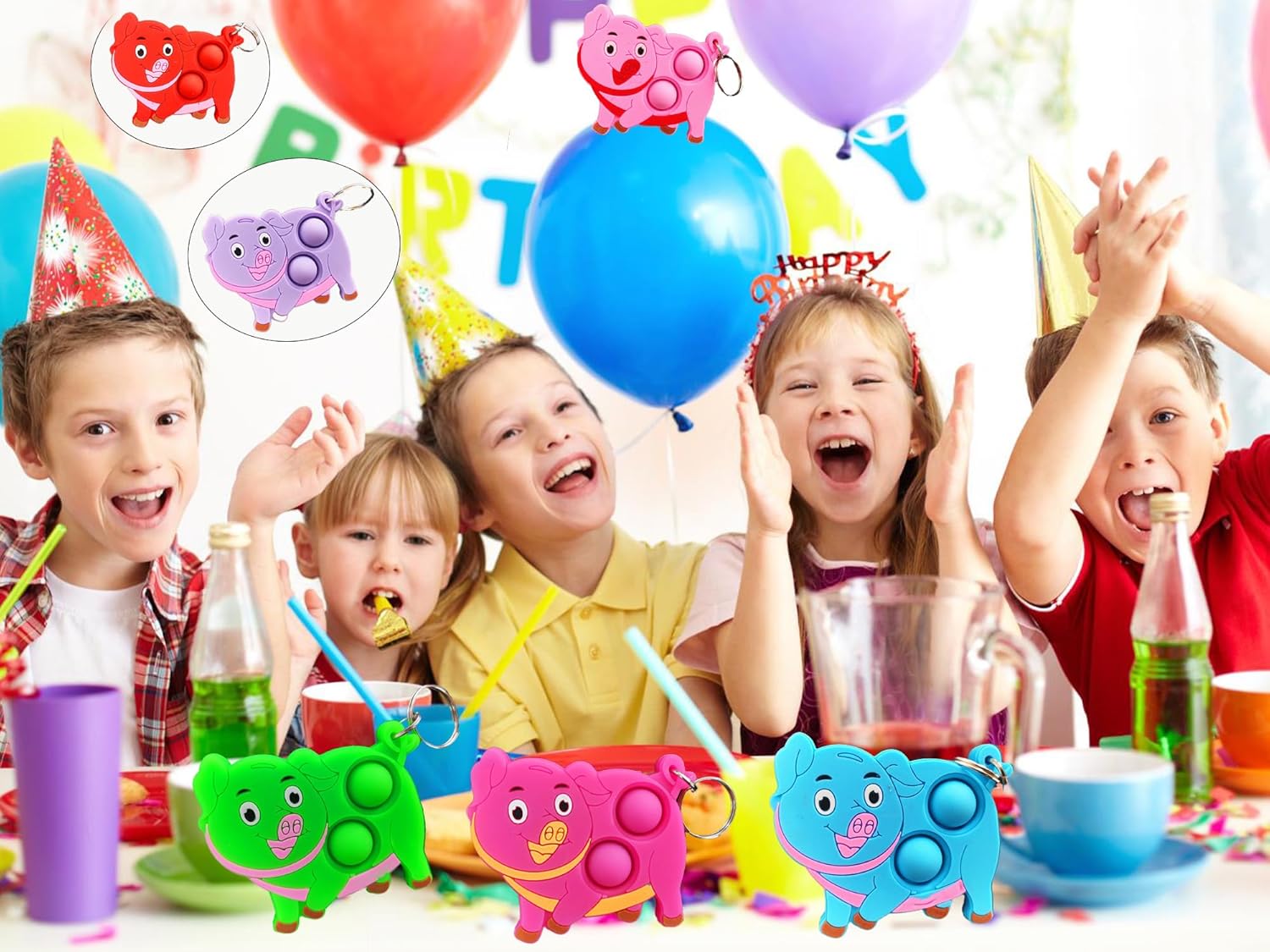 100 Packs Bulk Pigs Mini Pop Fidget Keychain，Birthday Party Favors Supplies and School Student Prizes