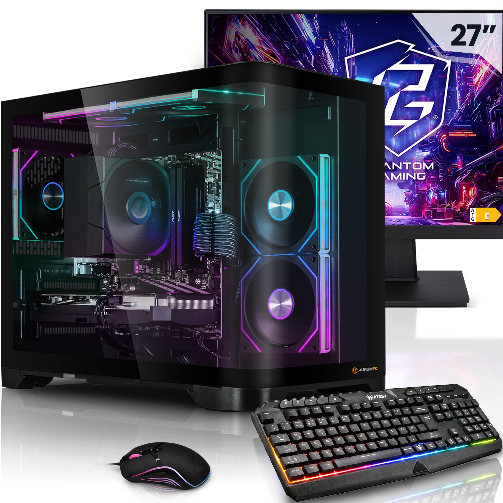 AURUMPC Méga Pack PC Gamer Fixe Complet Ryzen 5 5600 • Ecran LED 27" • GeForce RTX5060 8Go • 16Go DDR4 • 500GB M.2 SSD • Windows 11 • Claviers de Jeu et Souris