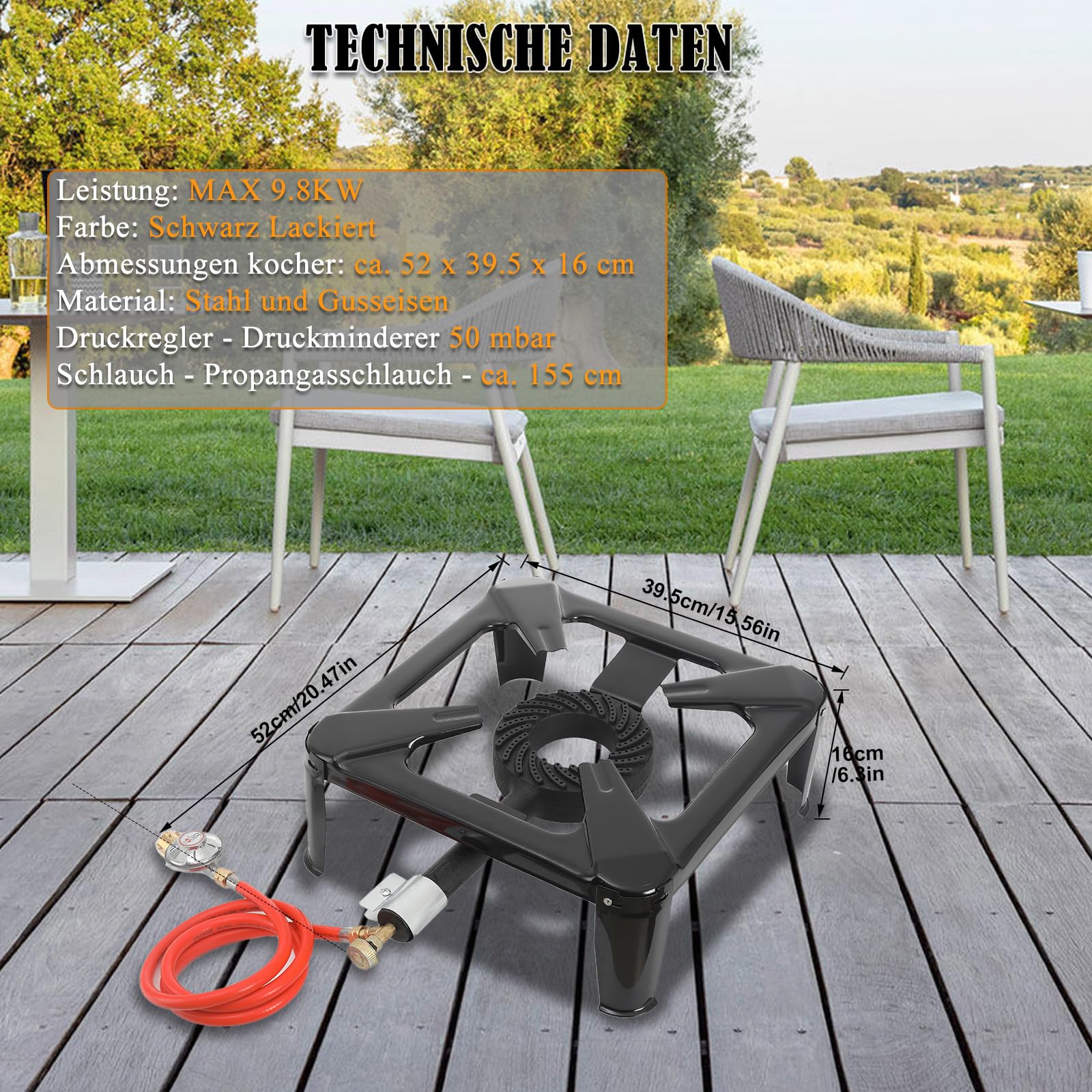 Réchaud à gaz 10 kW - 40 x 40 x 15 cm - 1 feu - Avec tuyau de 1,5 m et régulateur de pression de 50 mbar - Réchaud à gaz à 4 pieds - Pour camping et randonnée