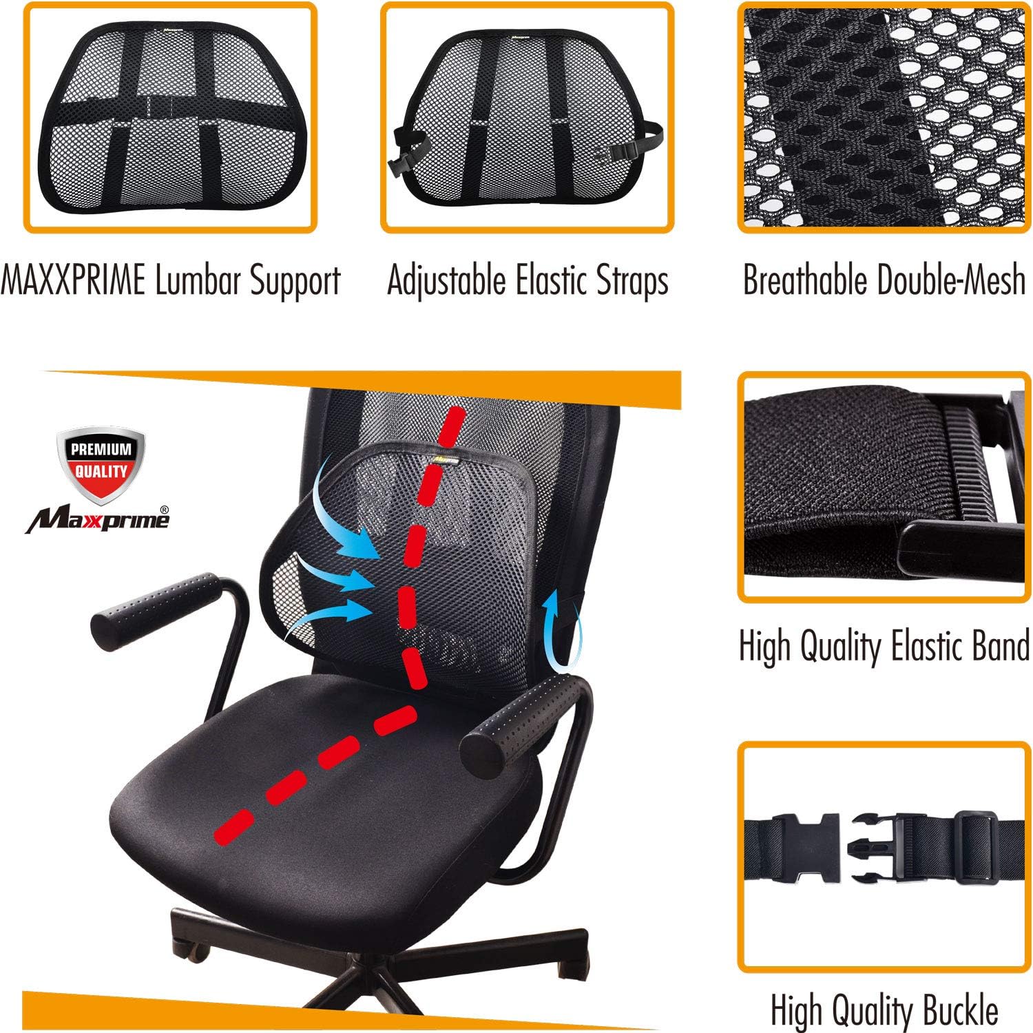 MAXXPRIME Lumbar Support,Car Back Support with Double Breathable Mesh and Adjustable Straps,Back Support for Car,Home and Office Chair (Black 2 Pack)
