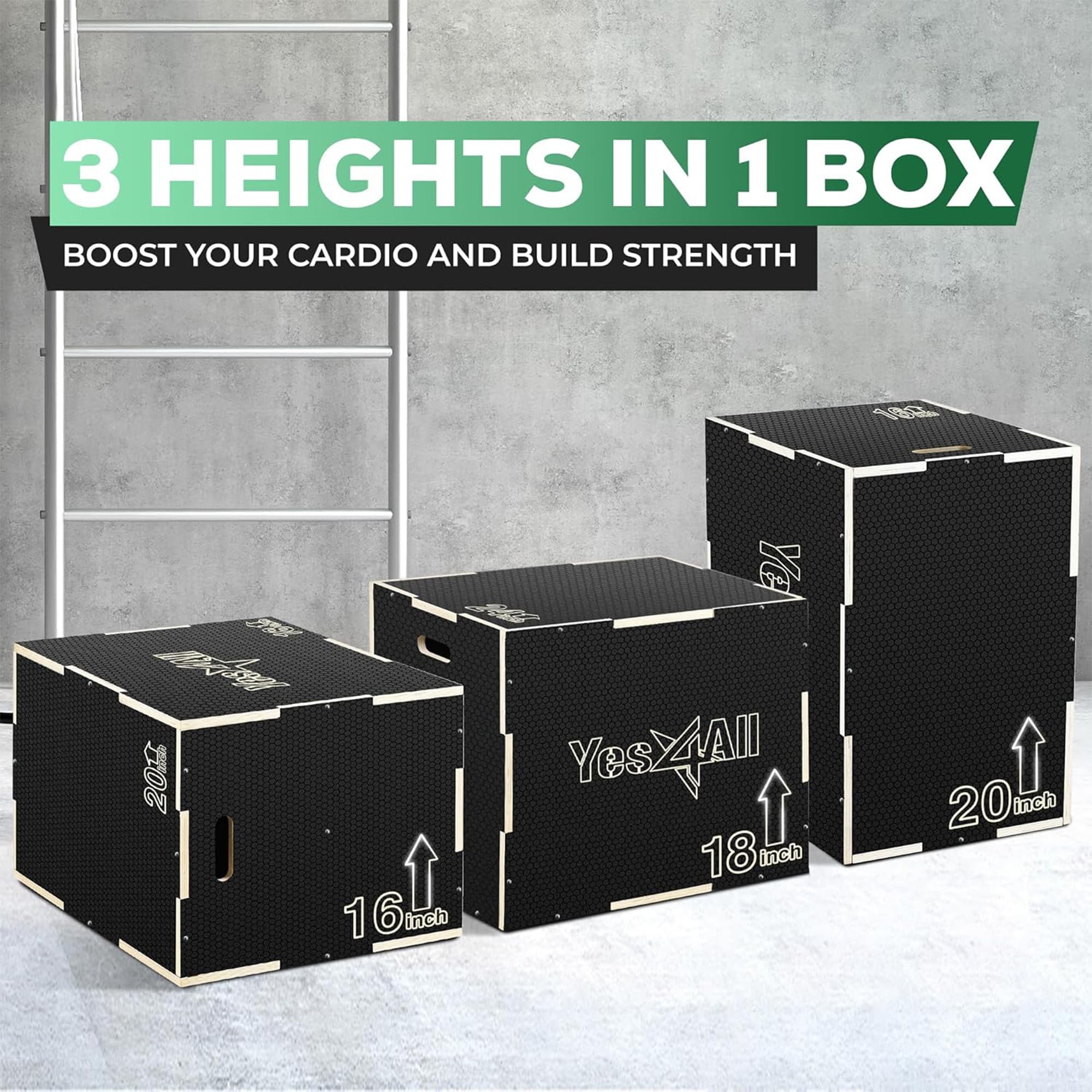 Yes4All Boîte pliométrique 3 en 1 en bois pour entraînement au saut, boîtes de saut pour exercices de gym à domicile et entraînement en plein air