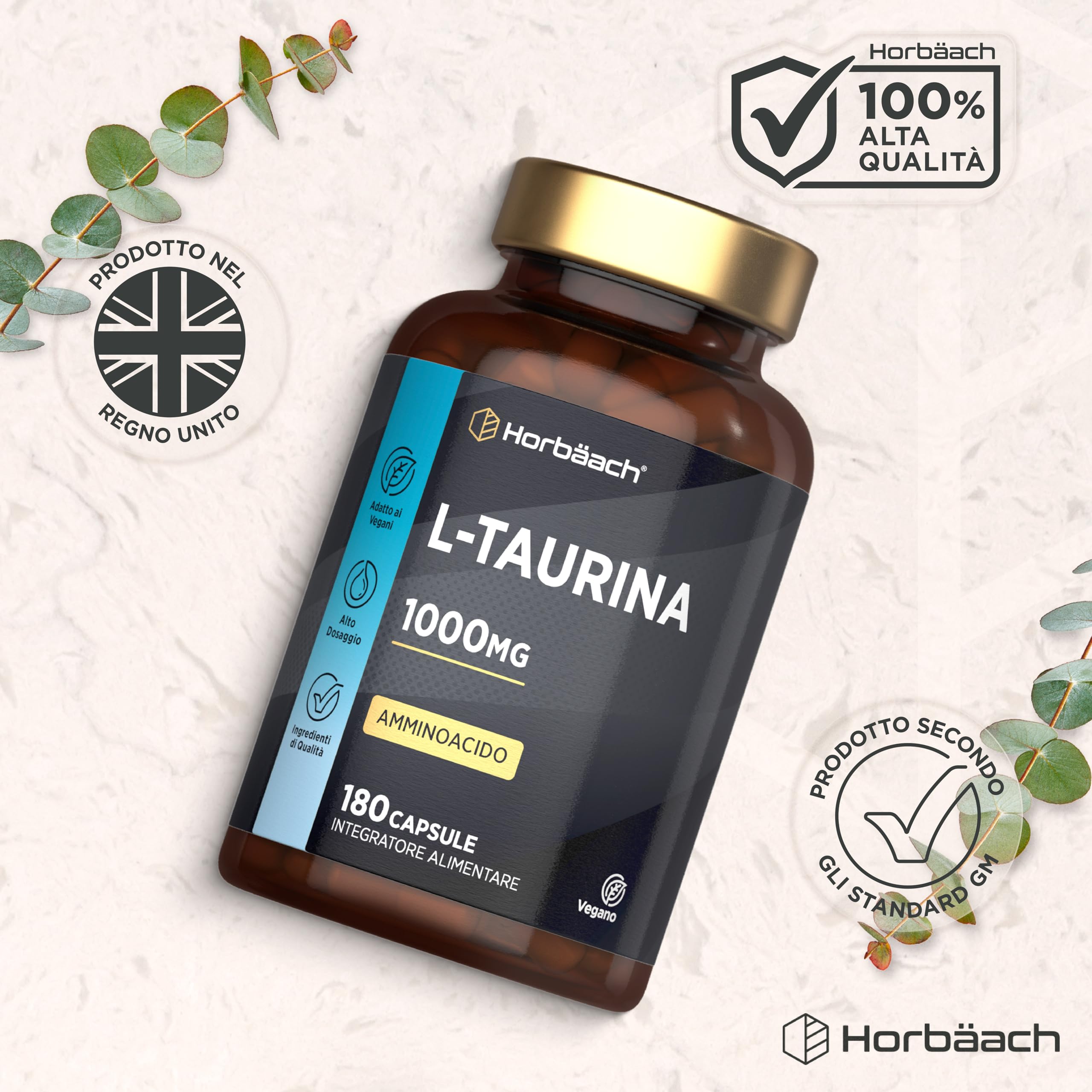 Taurina 1000 mg per Dose | 180 Capsule Vegane per 3 Mesi | Aminoacidi Essenziali Pre Workout Post Workout | L-Taurine Amino Acid | di Horbaach