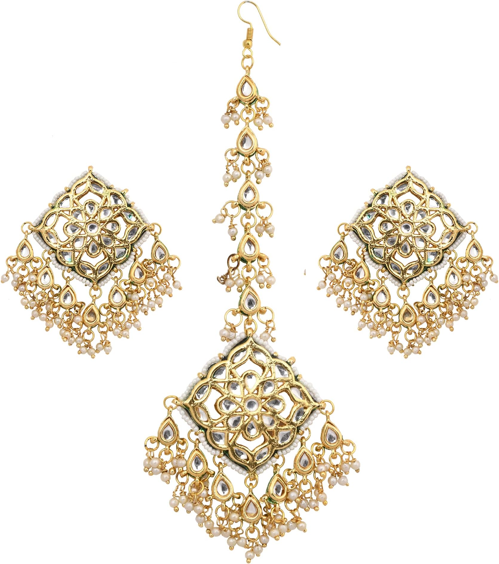 FEMIZEN Gold tone Kundan inspired Mang tikka with earrings for Women's