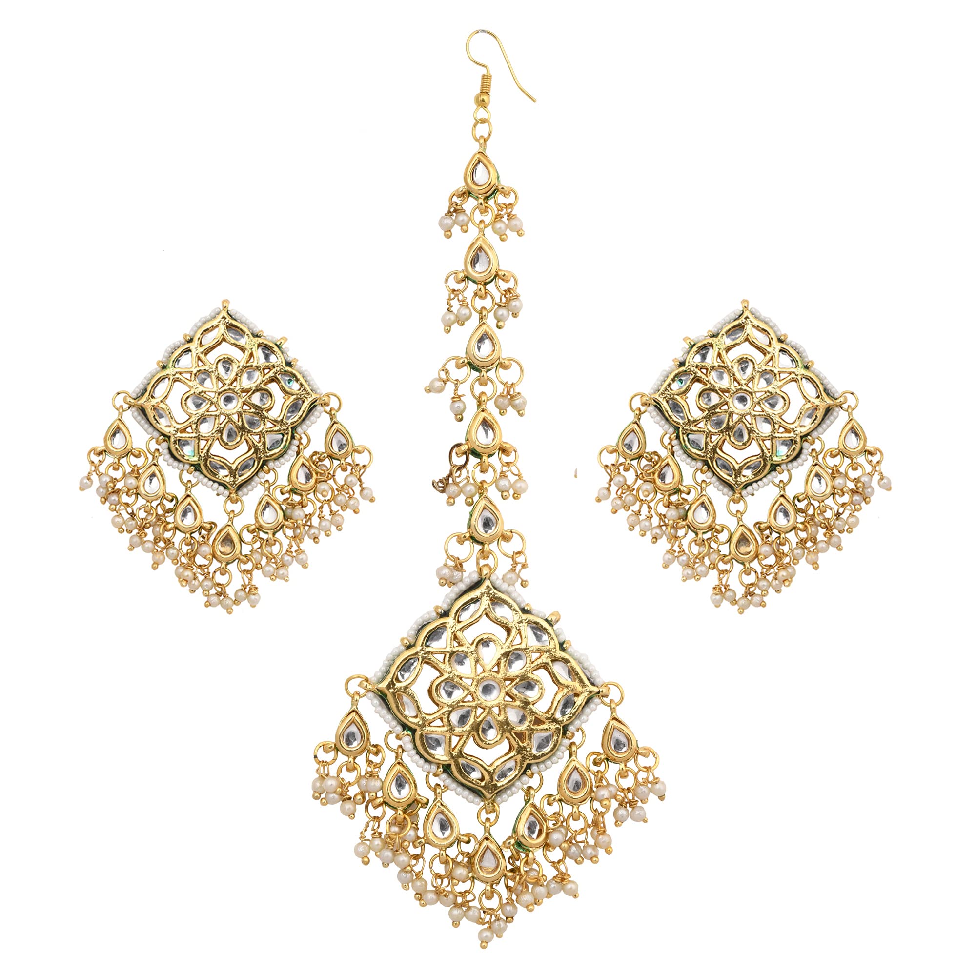 FEMIZEN Gold tone Kundan inspired Mang tikka with earrings for Women's