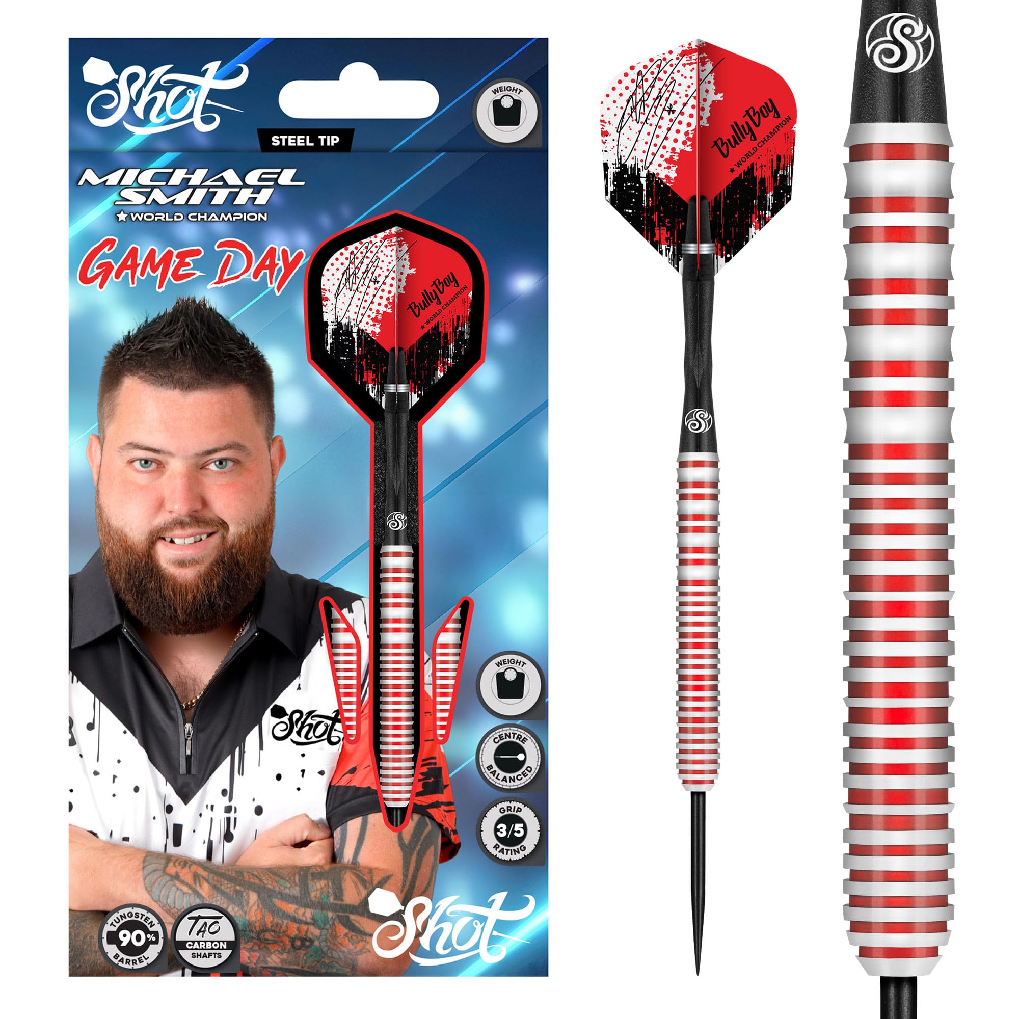 Shot! Michael Smith Game Day Steel Tip Dart Set-90% Tungsten Dart Professional Darts for Bristle Dartboard