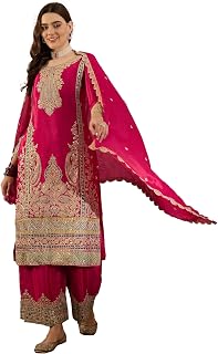 Miss Ethnik Women's Pink Chinon Stitched Top with Dupatta Full Sleeve Embroidered Straight Top Price In India