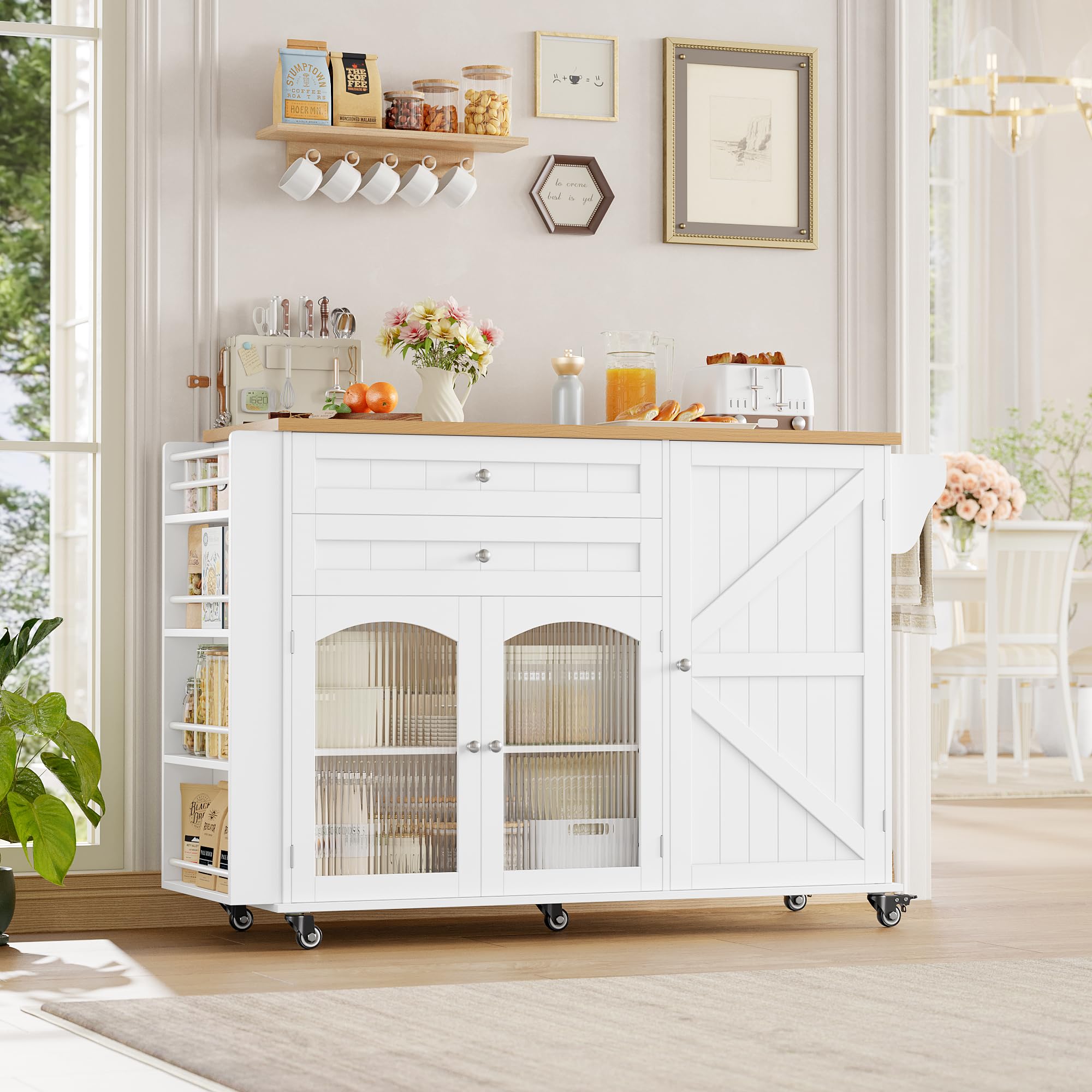 FirFurd Îlot Central Cuisine Desserte Cuisine à roulettes avec Plans de Travail Rabattable Meuble de Cuisine avec 2 Tiroirs, 3 Portes, Support à Épices, Porte-Serviette 132x40x97,5cm Blanc