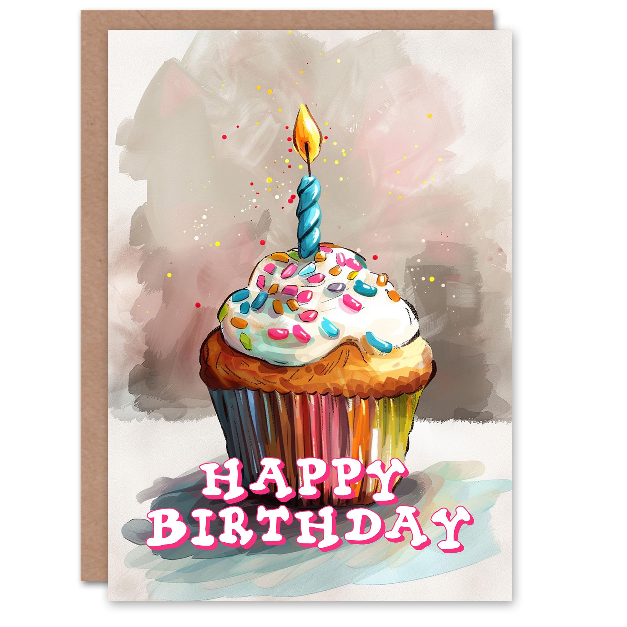 Artery8 Birthday Card Cupcake Colourful Sprinkles Candle Watercolour For Her Gran Sister Niece Daughter Wife Woman Greeting Card