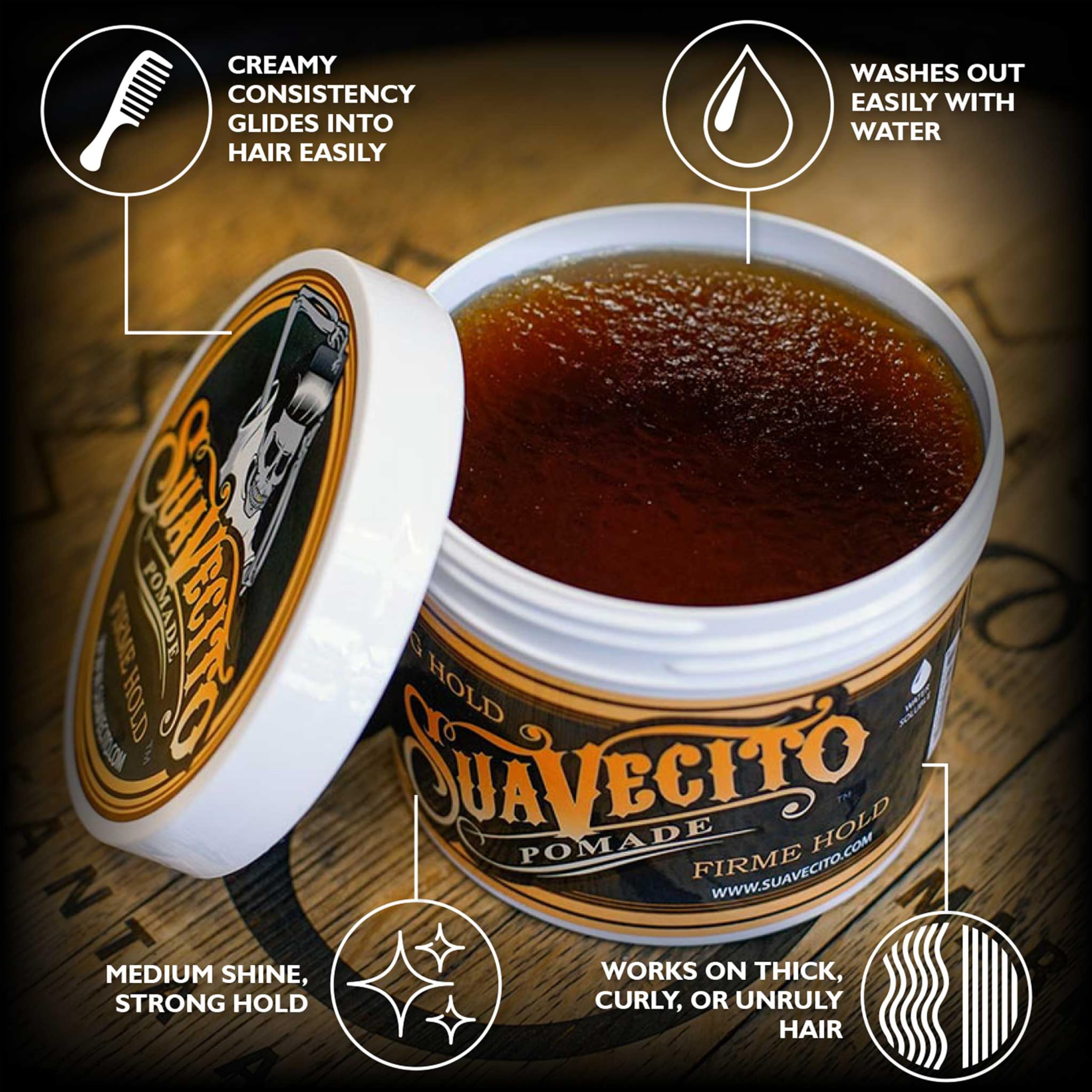 Suavecito Firme Strong Hold Pomade Maximum Hold High Shine 908g | Maximum Hold High Shine Non Flaking Formula. Easy to Apply and Wash Out. Ideal for All Day Control and Professional Use.