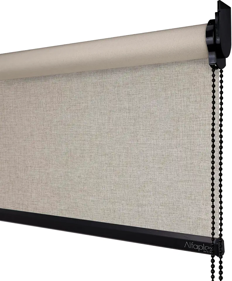 Cortina Persiana Rolô Blackout (COM BANDÔ E SEM BANDÔ) 1,30 (lar) x 1,40 (alt) (Linho Bege - Acabamento Preto)
