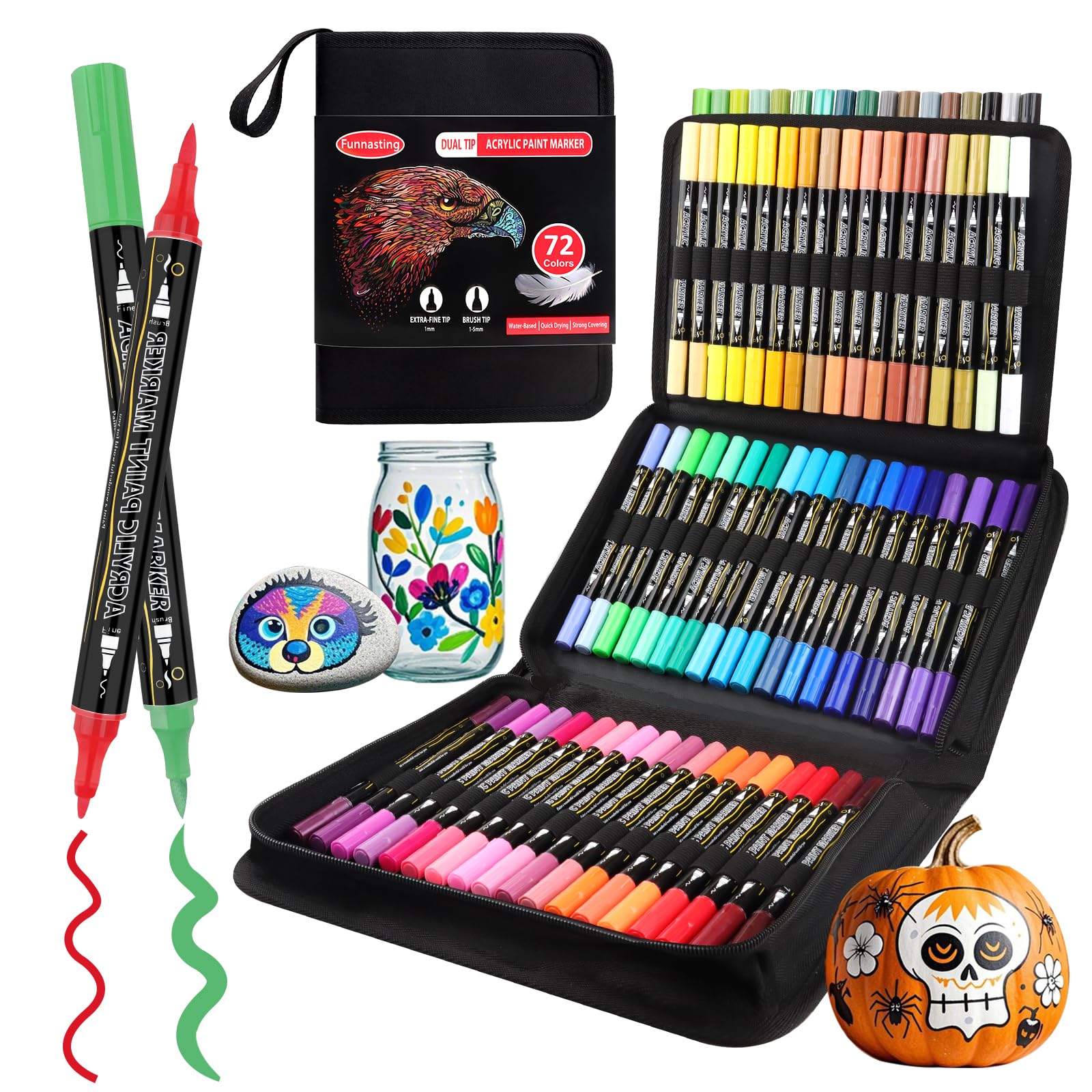 Funnasting Acrylic Marker Pens, 72 Colors Dual Tip, Glass Markers with Brush Tip and Fine Point, Paint Pens for Rocks, Wood, Canvas, Stone, Surfaces