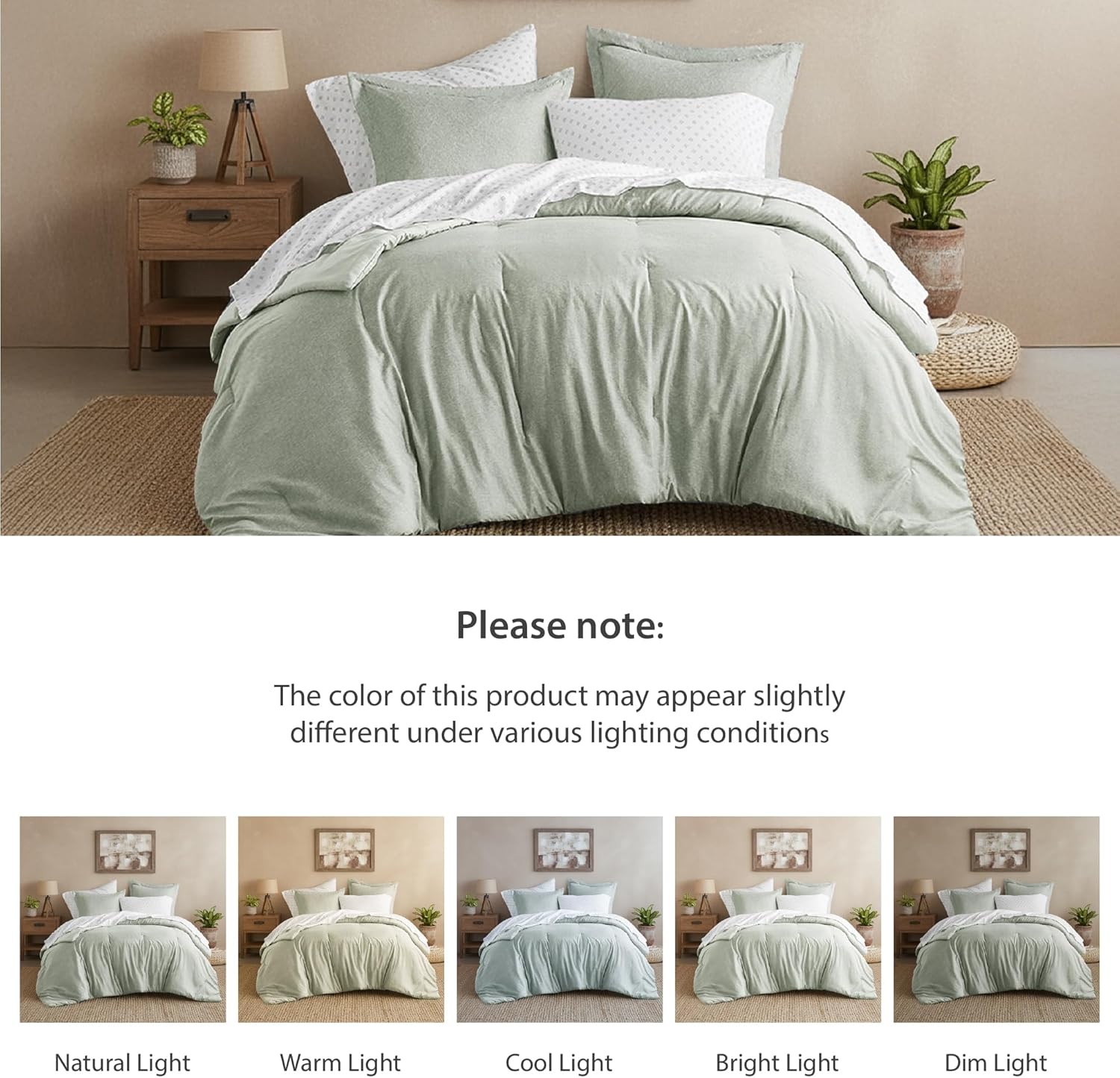 Queen Size Comforter Set, Lightweight 7 Pieces Sage Green Bed in a Bag All Season Chambray Print Bedding Set Ultra Soft Comforter, Farmhouse Sheets, Pillowcase & Sham