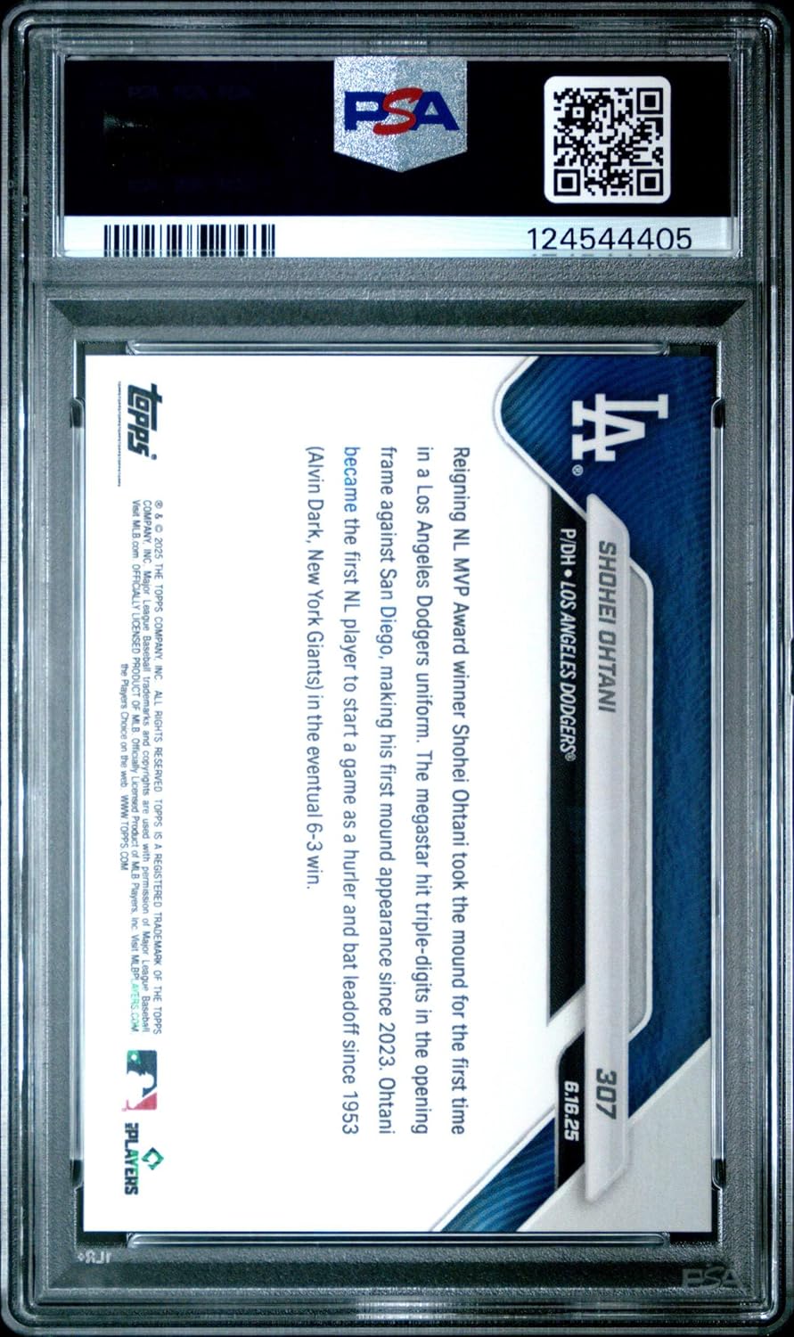 Graded 2025 Topps Now Shohei Ohtani #307 Two Way Phenom Makes Dodgers Pitching Debut Baseball Card PSA 10 Gem Mint