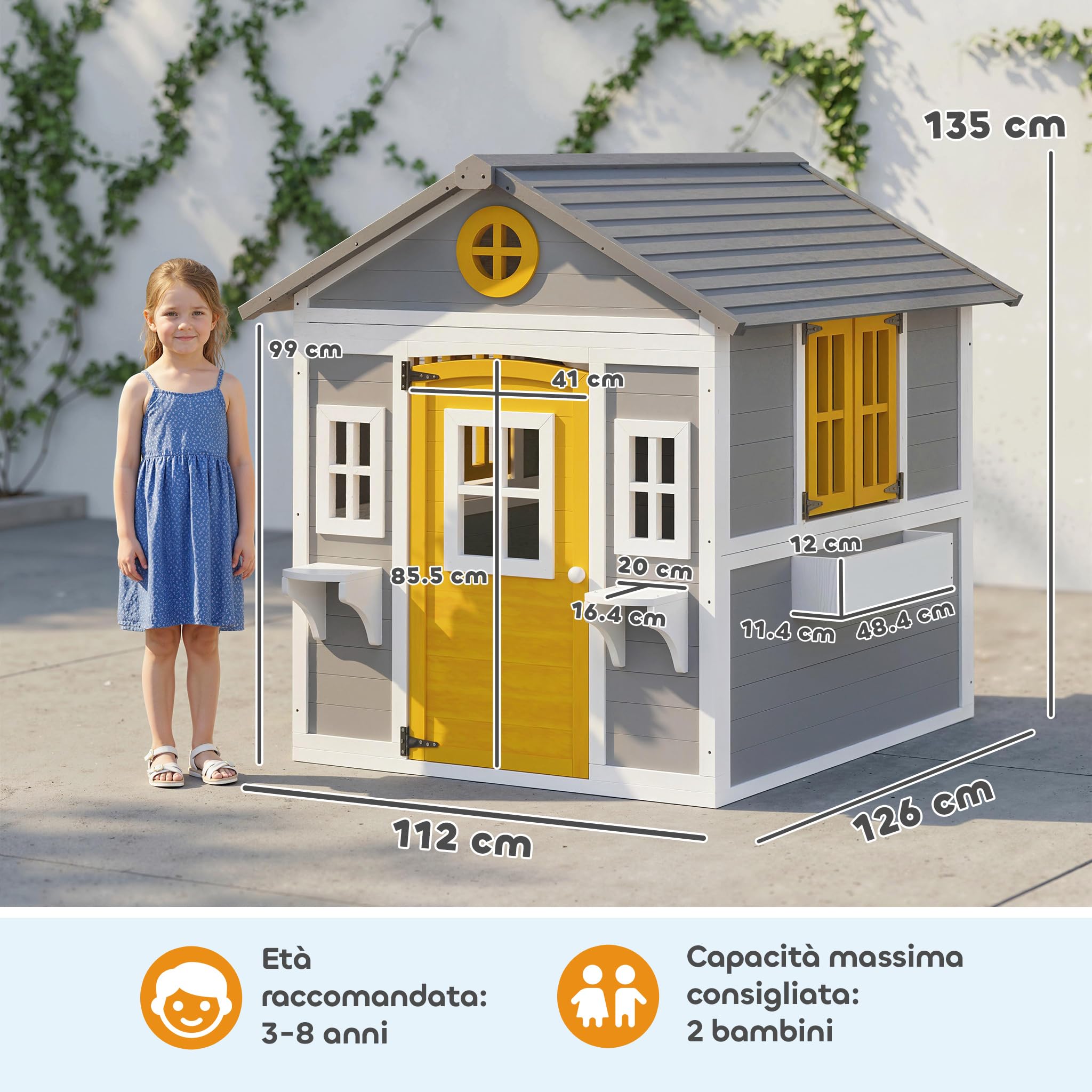 Outsunny Casetta in Legno per Bambini 3-8 Anni, Casetta da Giardino per Bambini con Finestre, Tetto Inclinato, Vasi e Fioriere, Grigio, Giallo, Bianco
