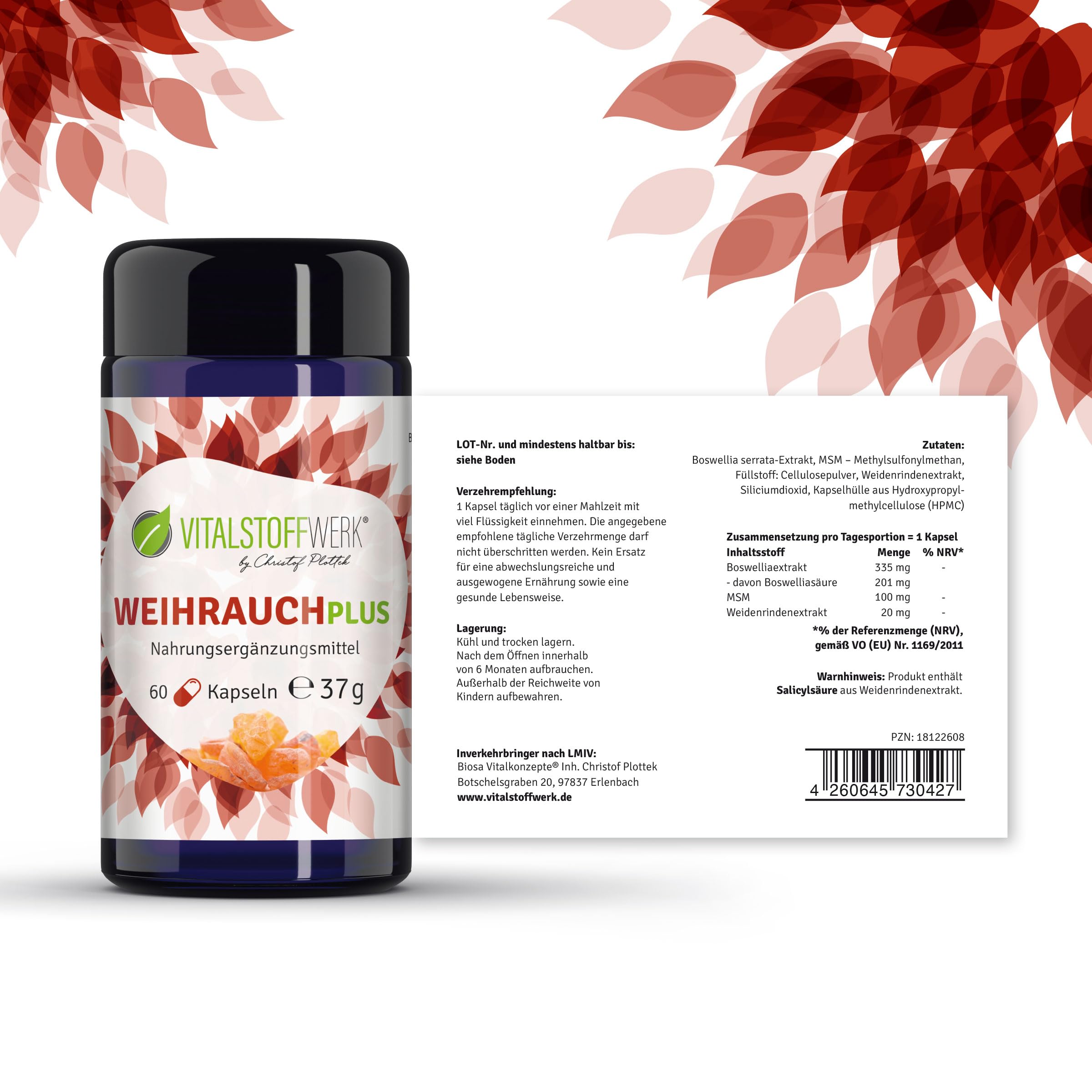 Weihrauch Plus VITALSTOFFWERK®, 60 Kapseln aus indischem Boswellia Extrakt, hochkonzentrierte pure Natur, Weihrauch zum Einnehmen 335 mg Boswelliaextrakt pro Kapsel