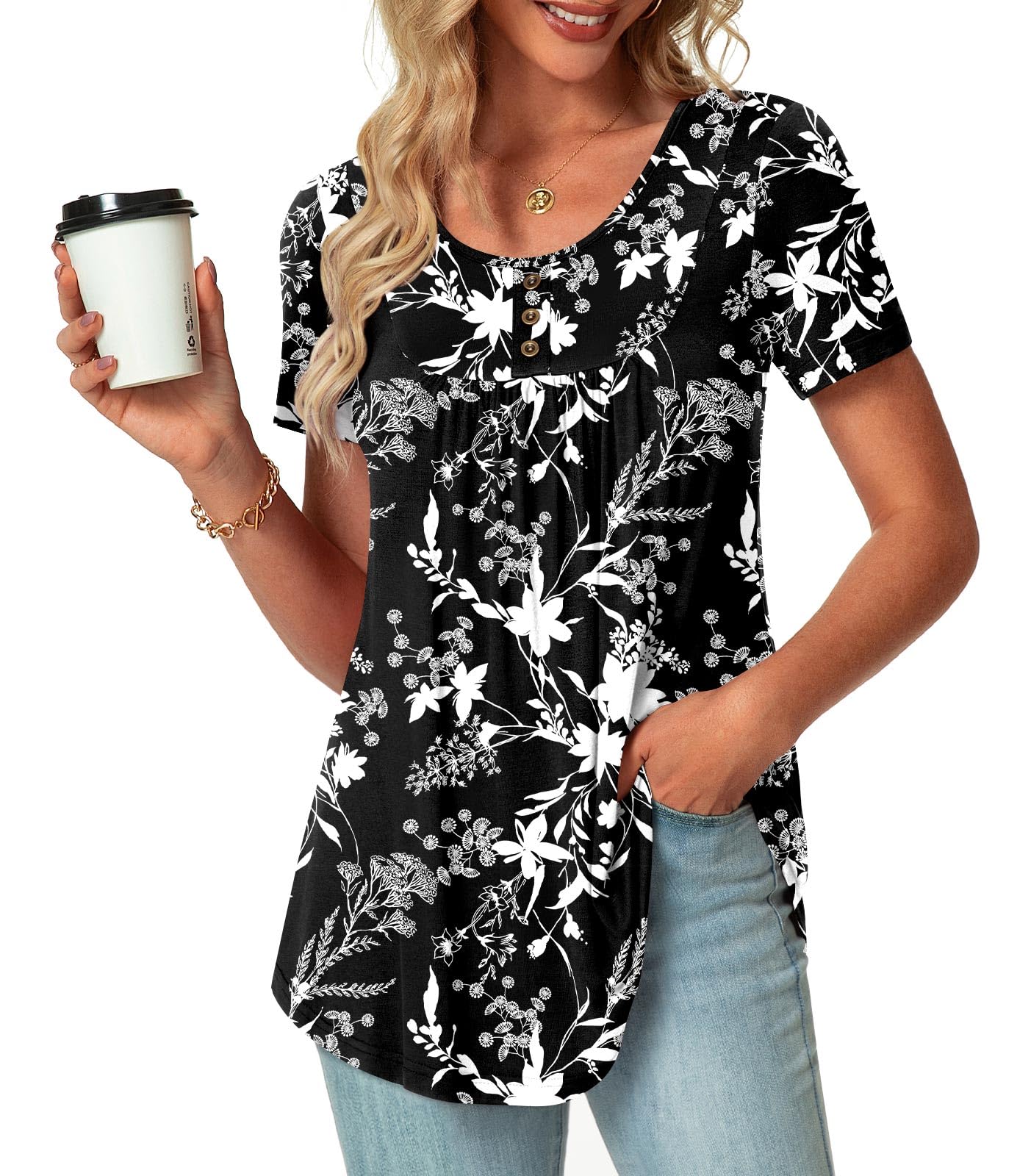 POPYOUNG Summer Womens Tunic Tops Loose Fit dressy Casual Short Sleeve Shirts to Wear with Leggings